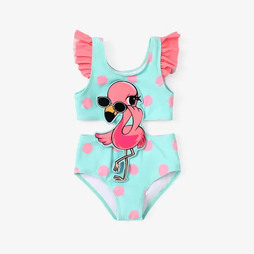 Toddler Girl Cat/Flamingo Applique Polka Dots Print Ruffled One-Piece Swimsuit