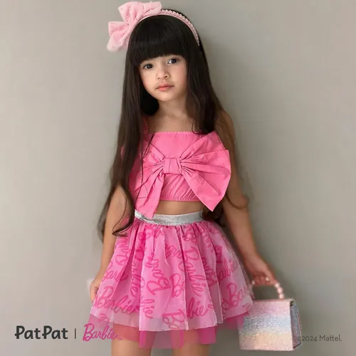Barbie 2pcs Niña Pequeña Bow Twist Top y Conjunto de Falda con Estampado de Logotipo
