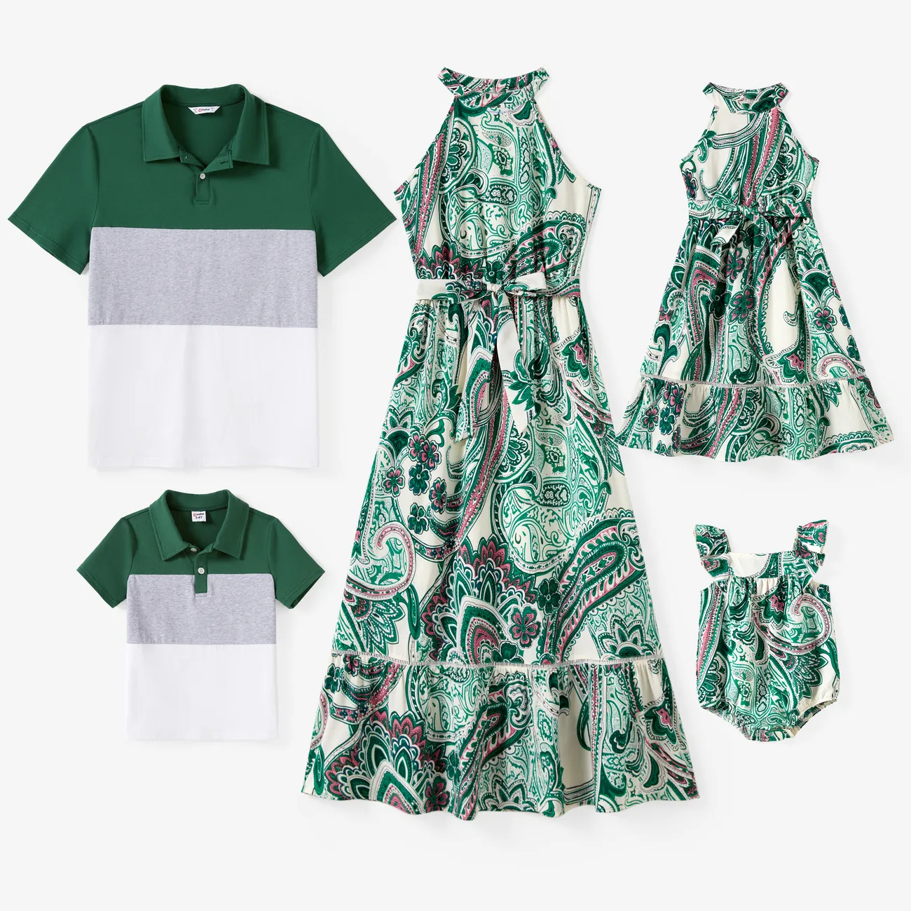 Family Matching Sets Color Block Polo Shirt or High Neck Halter Ruffle Hem Boho Dress Green big image 1