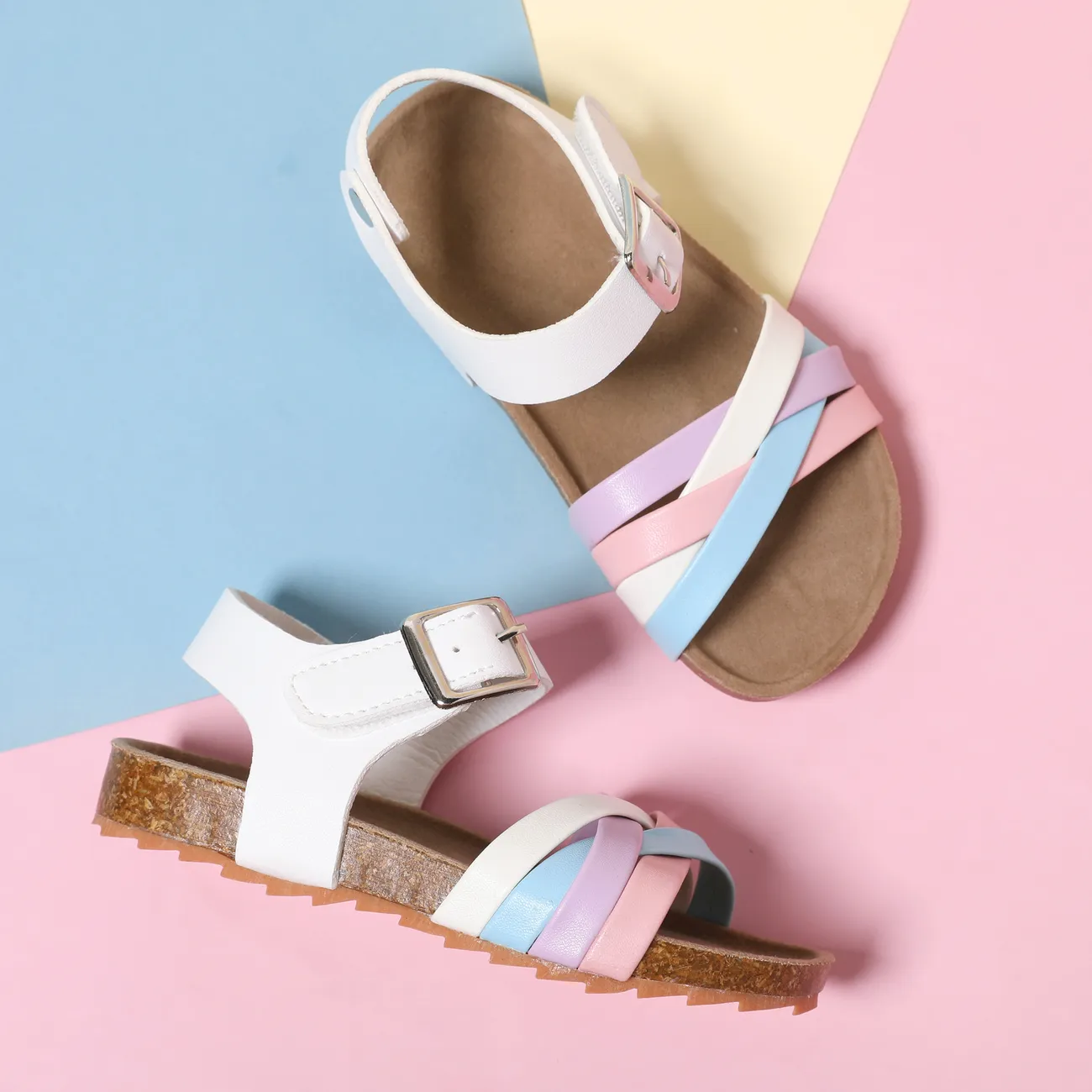 Toddler / Kids Girl Casual Colorful Stripe Cork Sole Buckle Sandals  White big image 1