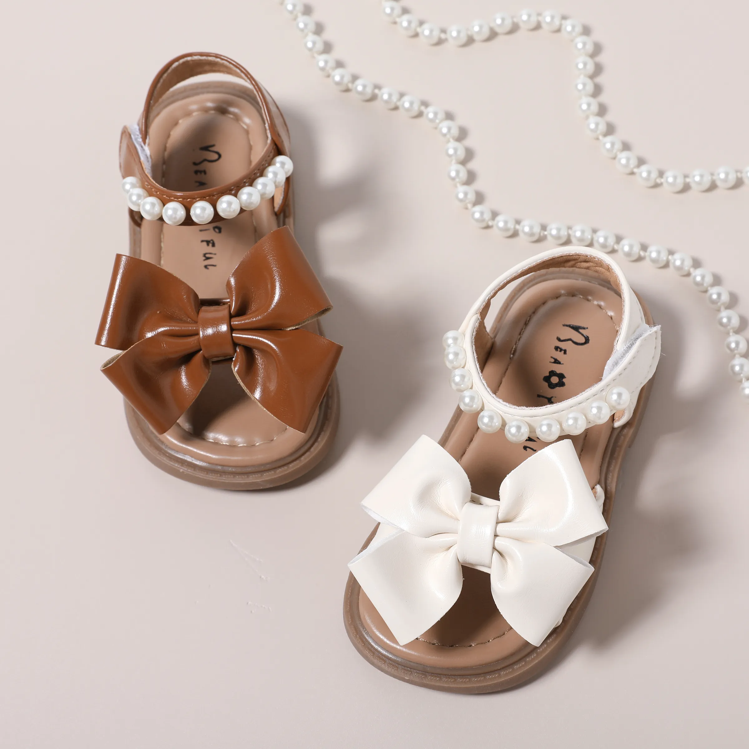 

Toddler/kid Girl Sweet Style Bow Applique Pearl Decor Velcro Closure Sandals