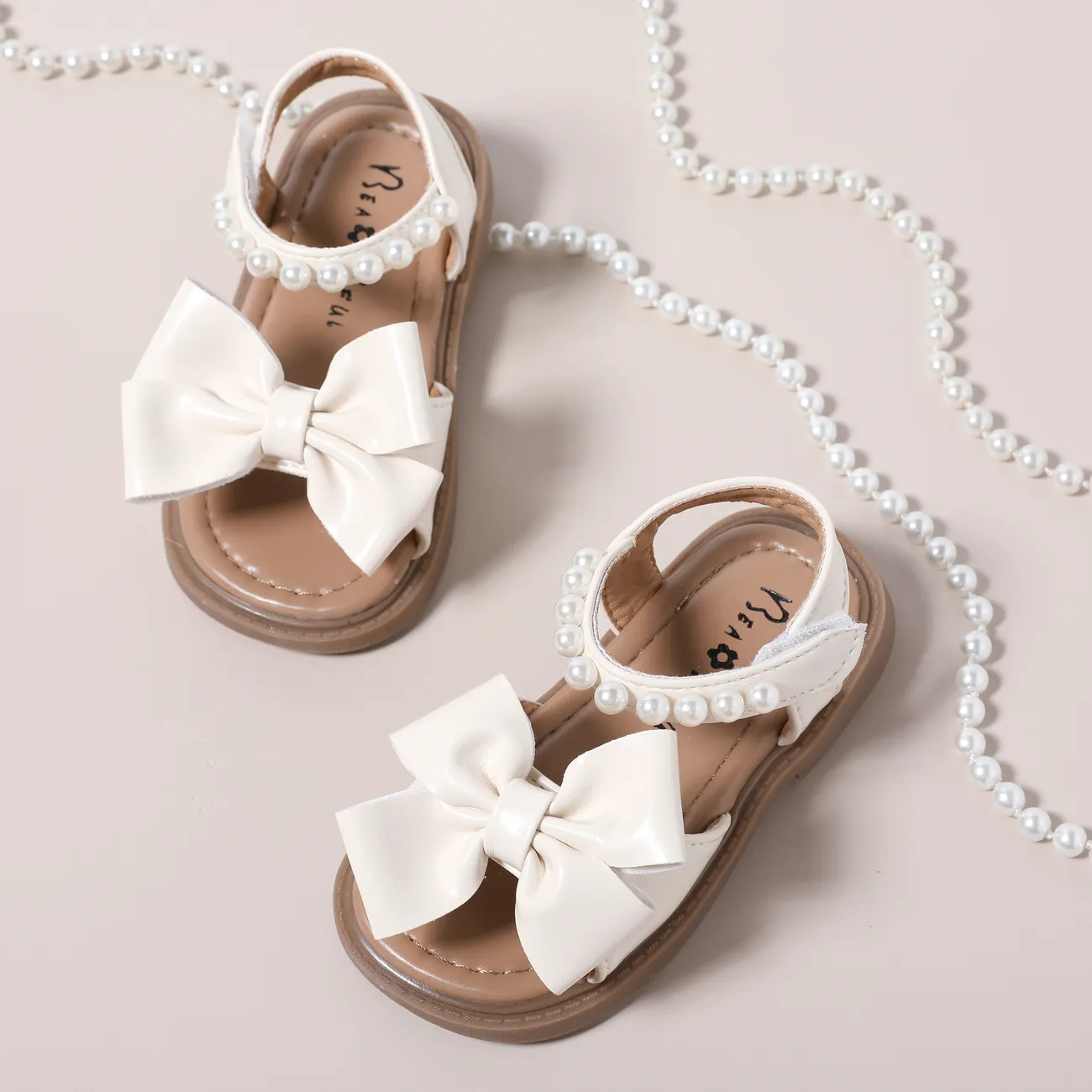 Toddler/kid Girl Sweet Style Bow Applique Pearl Decor Velcro Closure Sandals  White big image 1