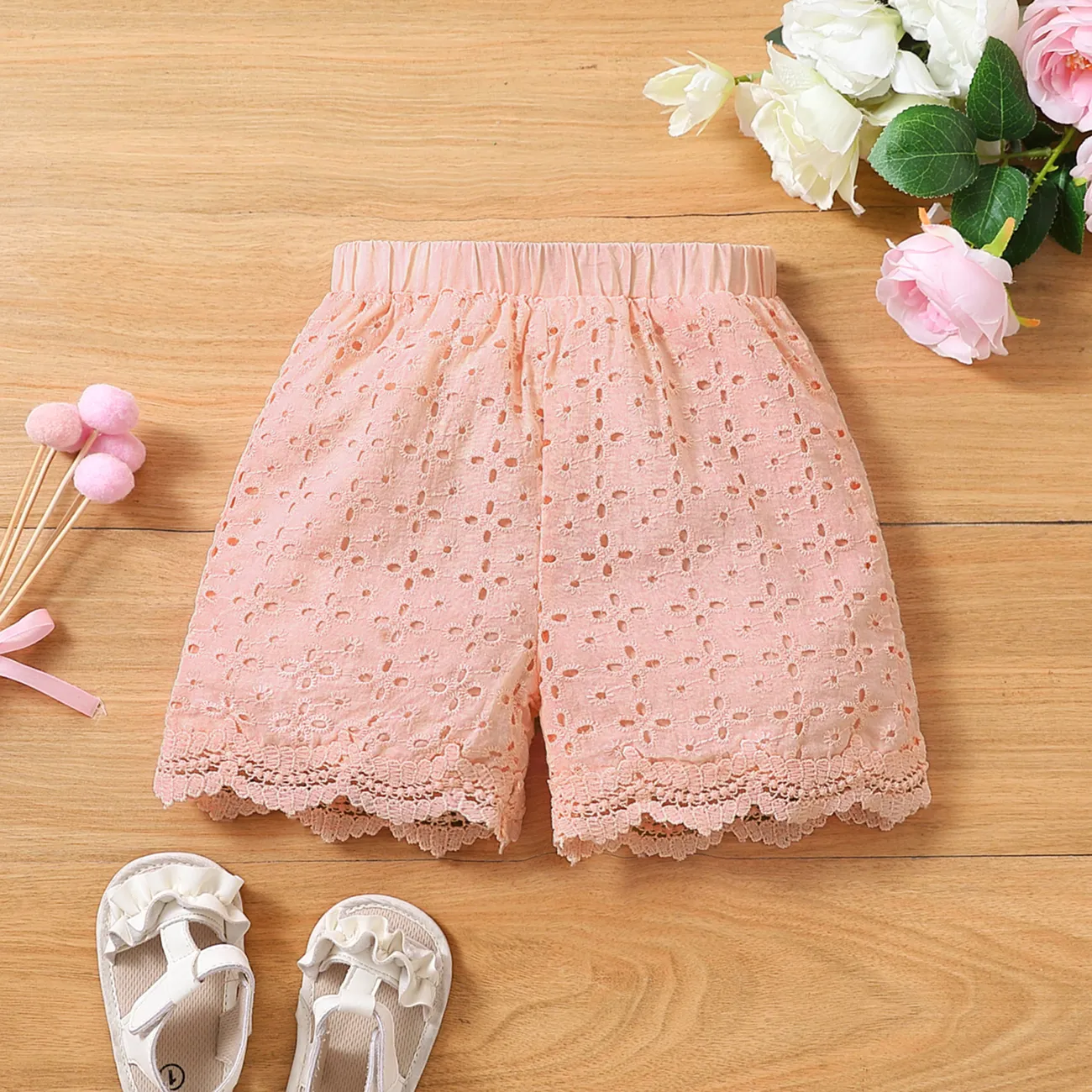 Toddler Girl 100% Cotton Lace Trim Schiffy Shorts Pink big image 1