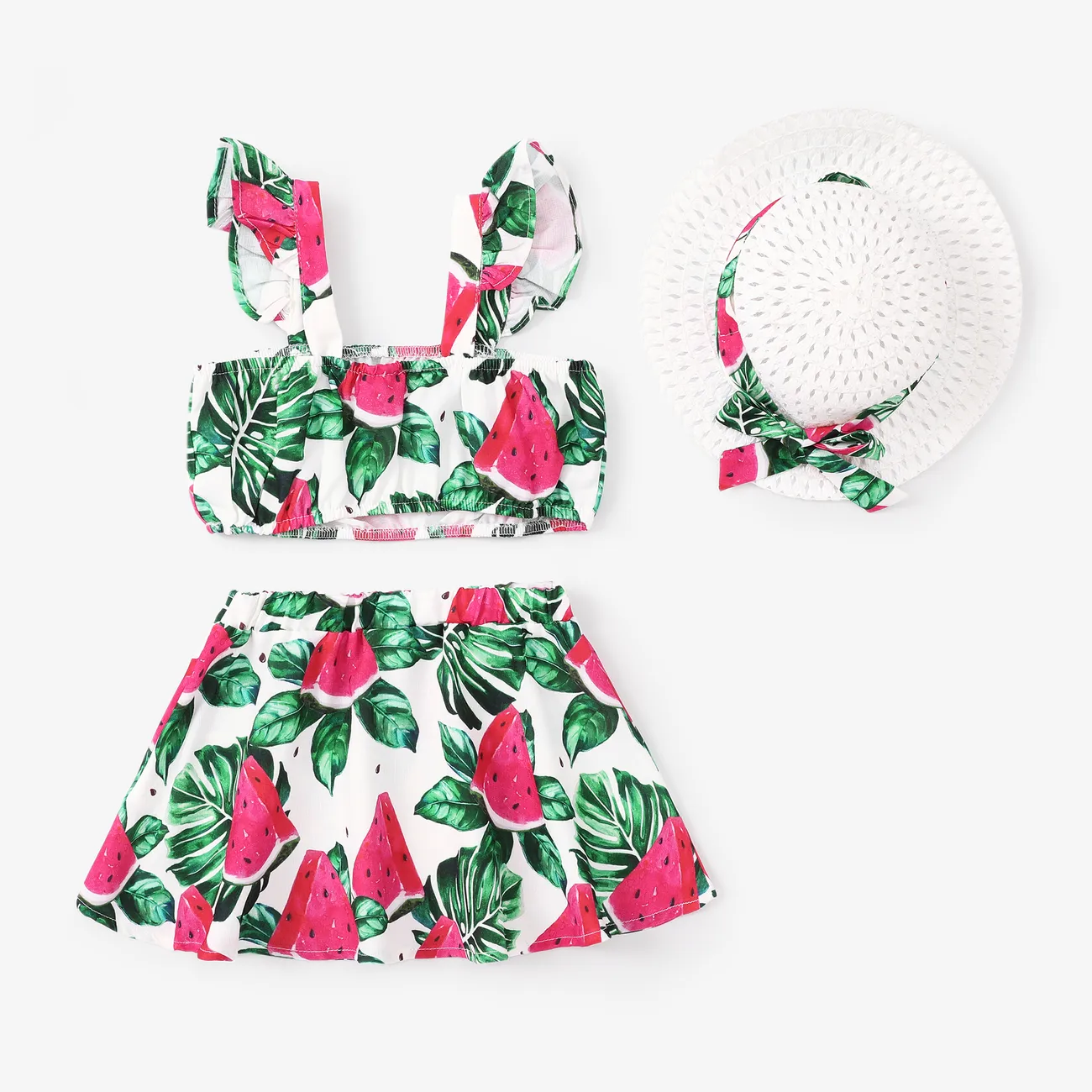 Toddler Girl 3pcs Watermelon Print Flutter-sleeve Camisole and Skirt and Hat Set Multicolour-1 big image 1
