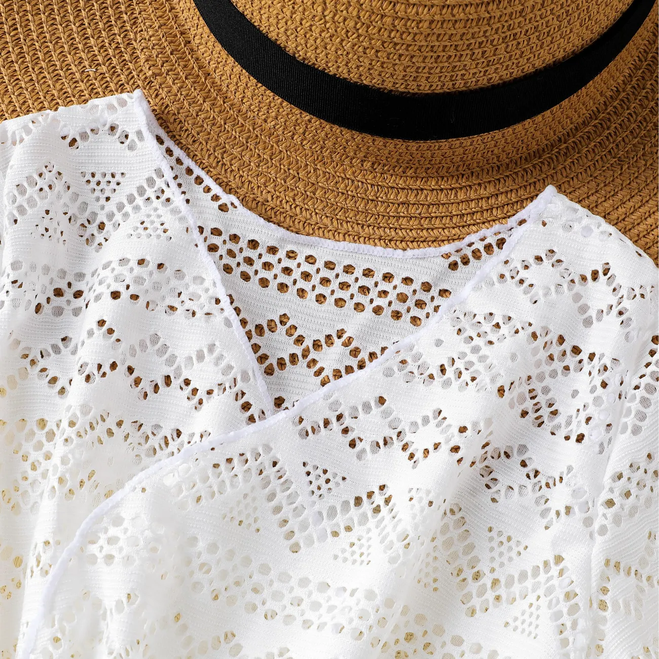 女孩休閒鏤空超大襯衫，聚酯纖維和氨綸，短袖 白色 big image 1