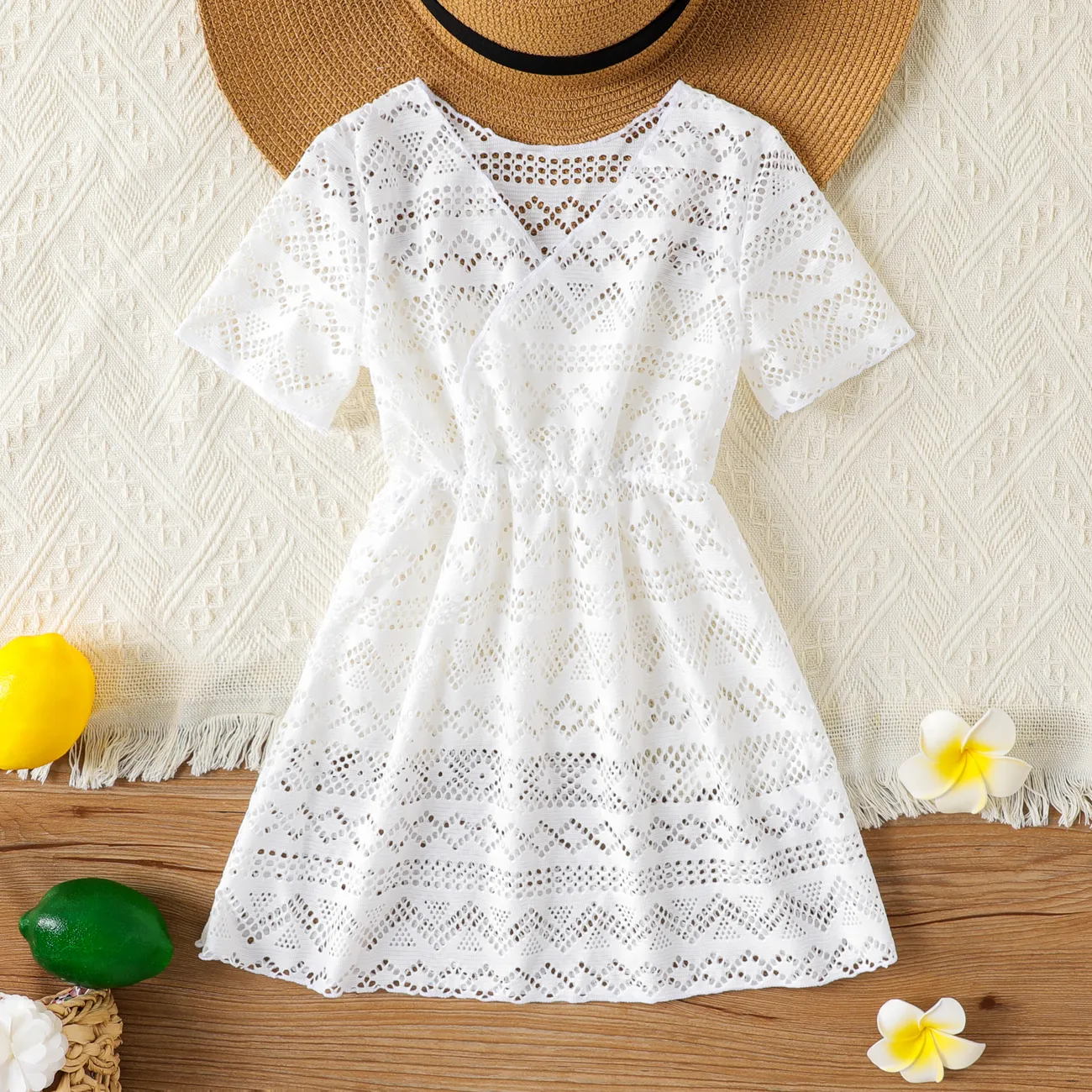 Kid Girl Casual Hollow-out Oversized Short Sleeve Shirt   White big image 1