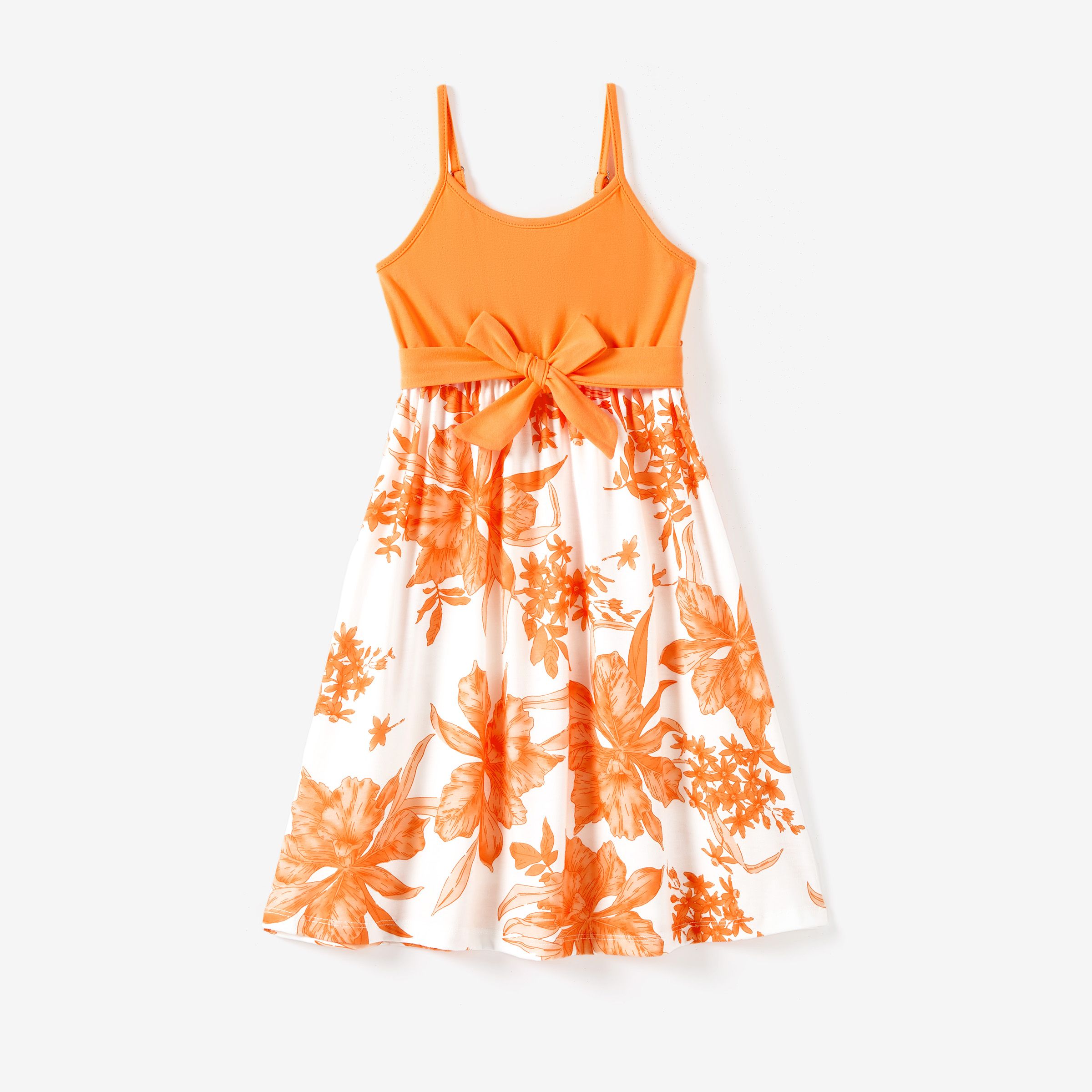 

Family Matching Orange Tee and Cami Top Spliced Belted Dress Sets