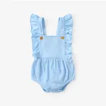 Baby Girl Solid Color Ruffled Button Romper Blue