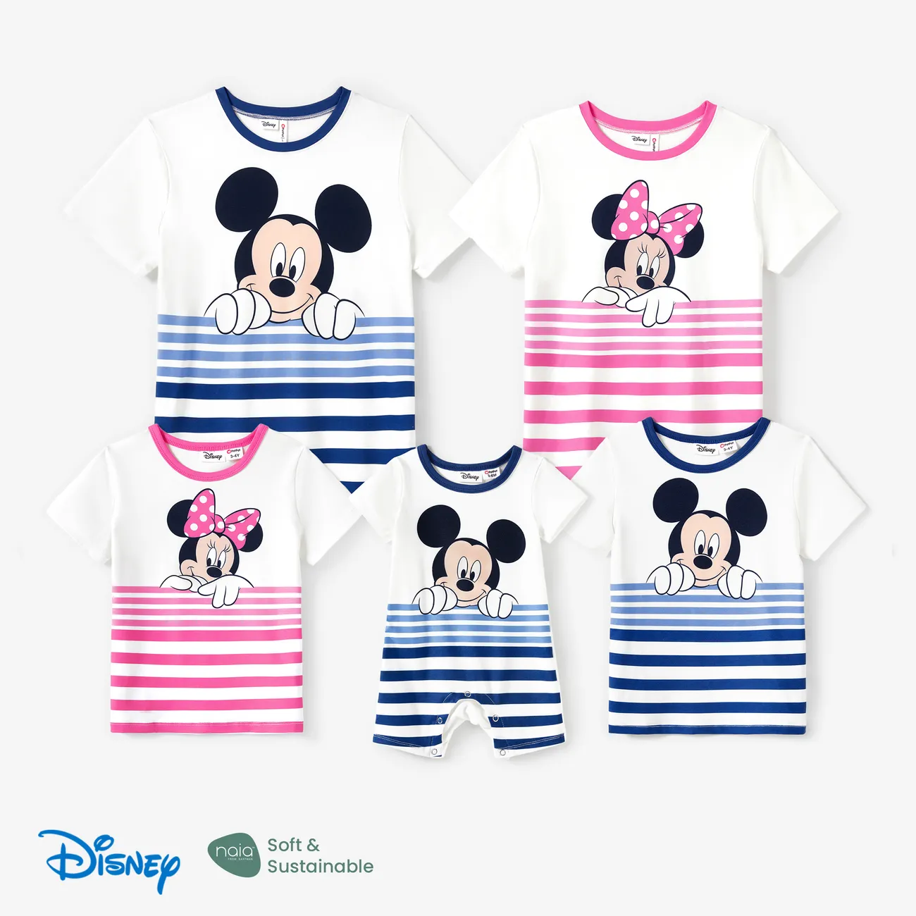 Disney Mickey and Friends Look de família Dia da Mãe Manga curta Conjuntos de roupa para a família Tops listras coloridas big image 1