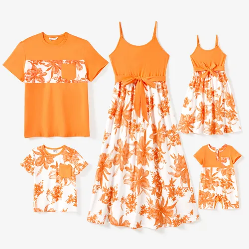 Family Matching Orange Tee and Cami Top Spliced Belted Dress Sets