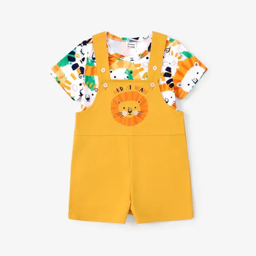 Toddler Boy Childlike 2pcs Animal Print Tee and Overall Shorts Set