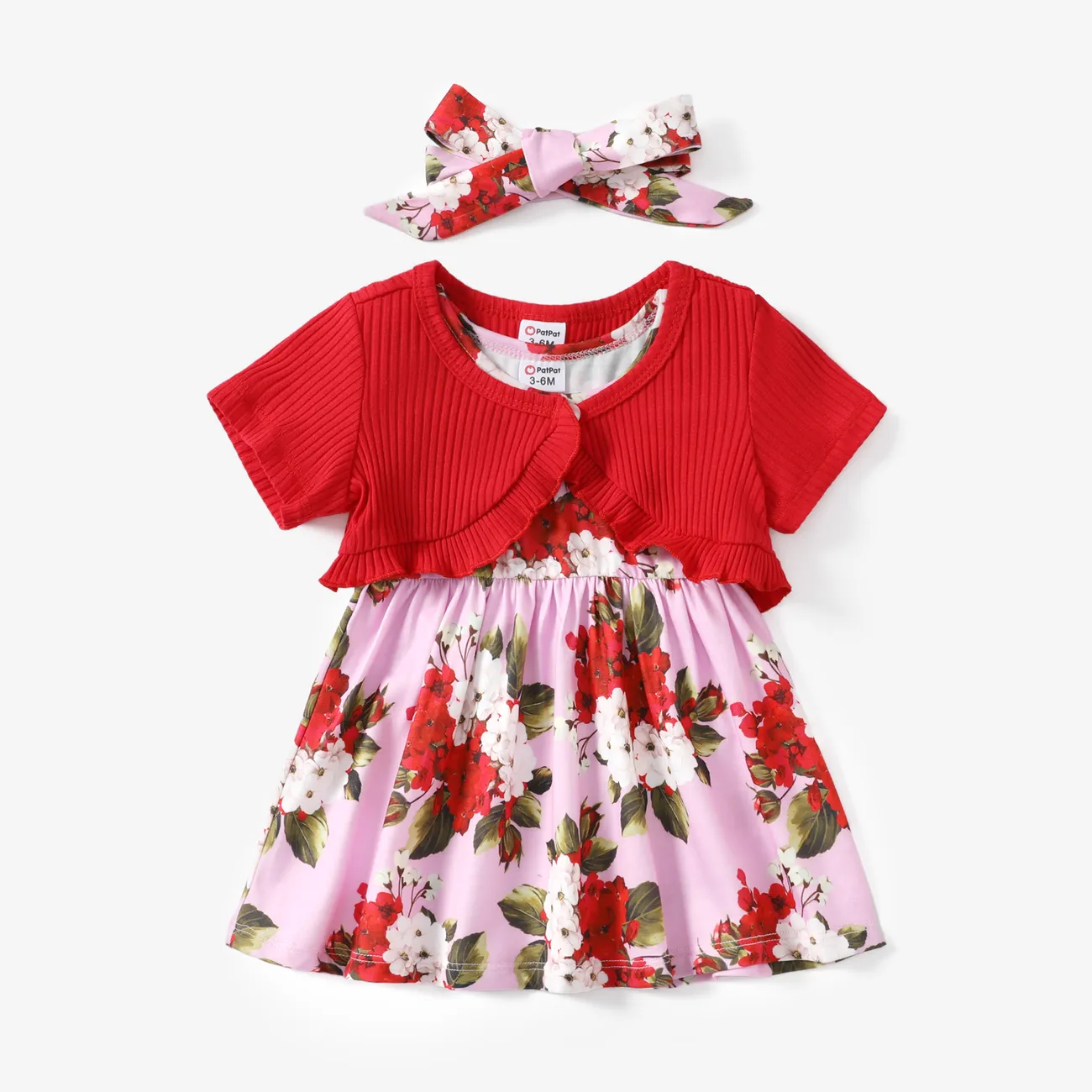 Baby Girl 3pcs Ruffled Cardigan and Floral Print Dress with Headband Set Red big image 1
