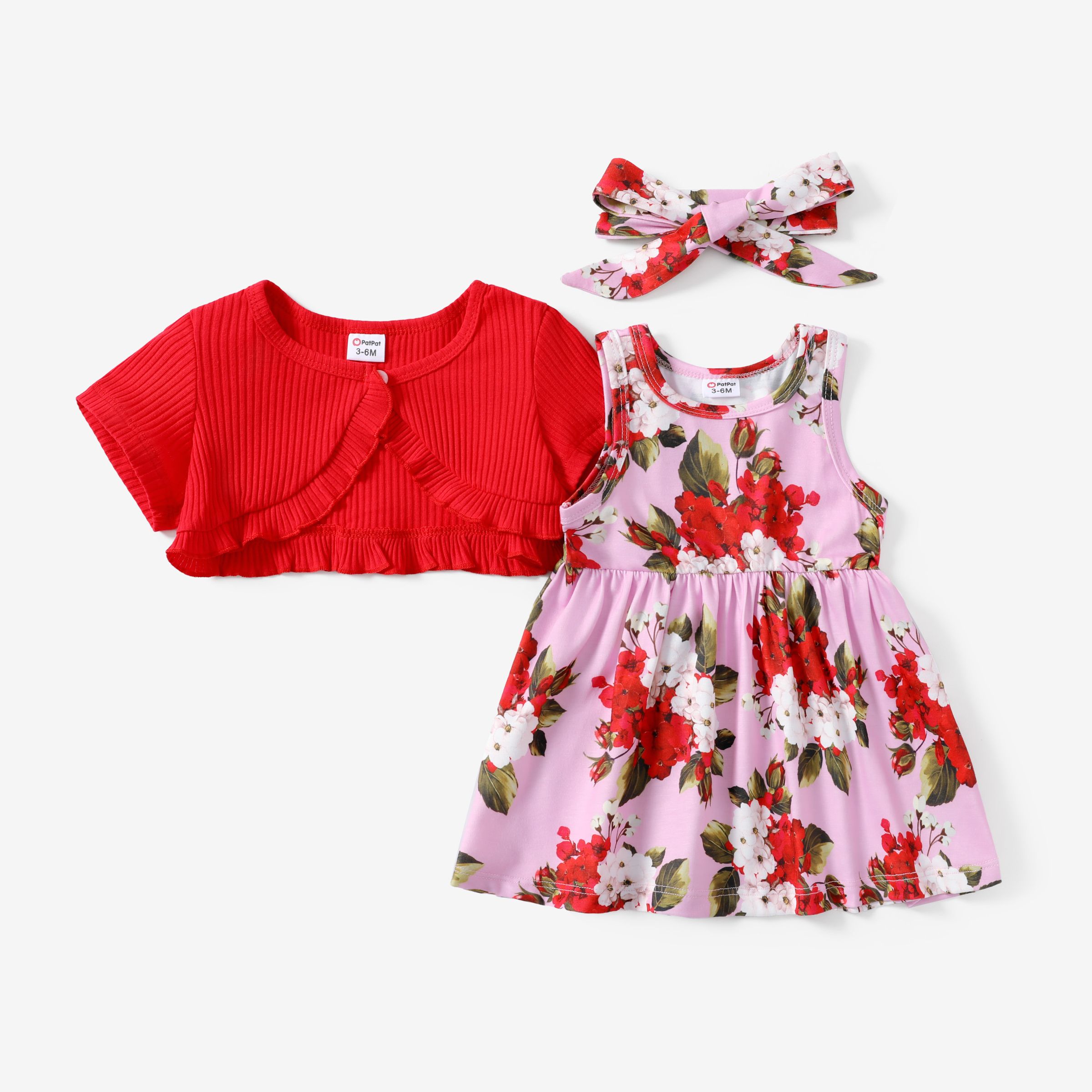

Baby Girl 3pcs Ruffled Cardigan and Floral Print Dress with Headband Set