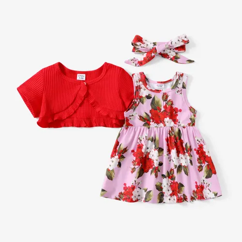 Baby-Mädchen-3-teiliges Kleid mit Rüschenjacke und Blumendruck mit Stirnband
