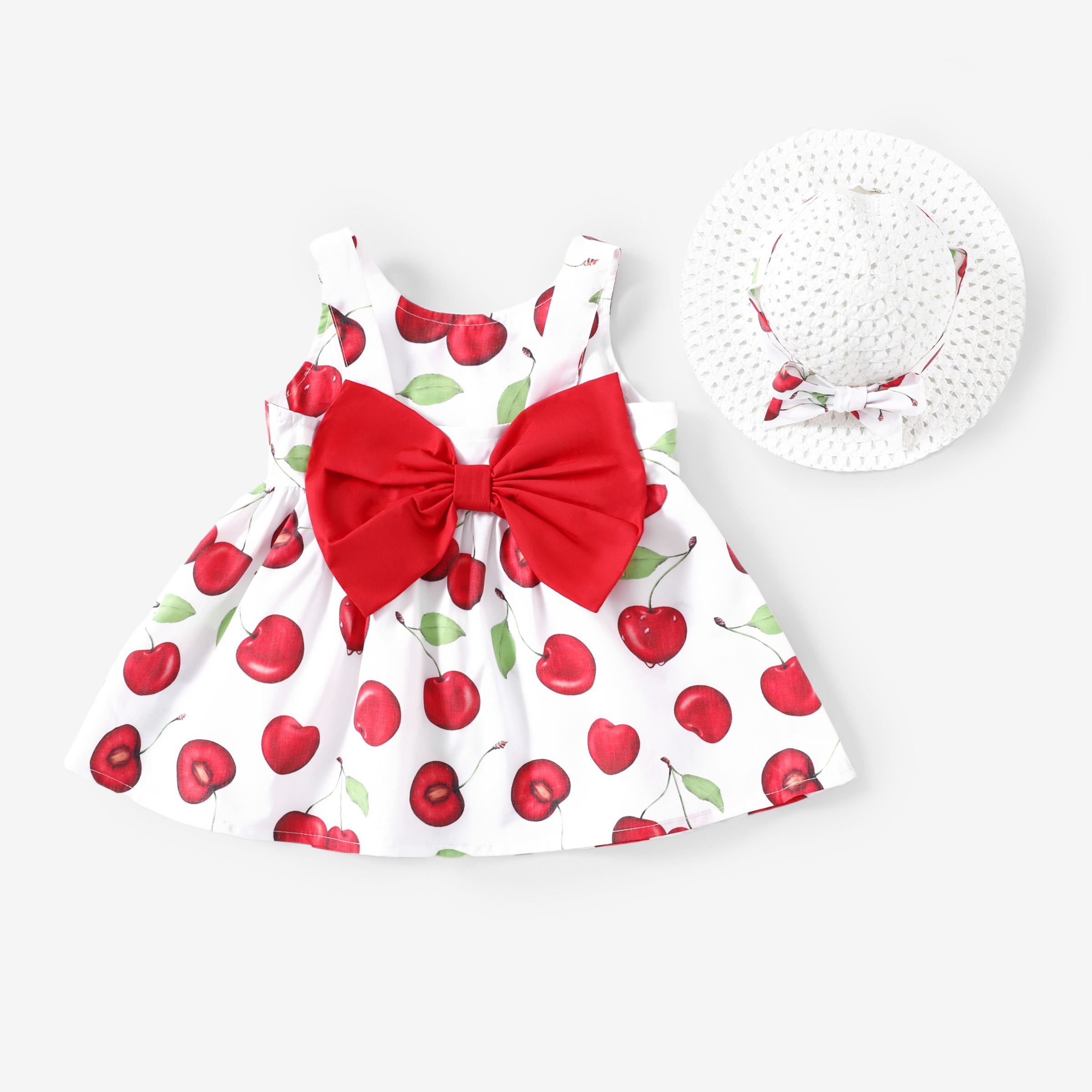 Baby Girl 2pcs Cherry Print Bowknot Dress with Hat
