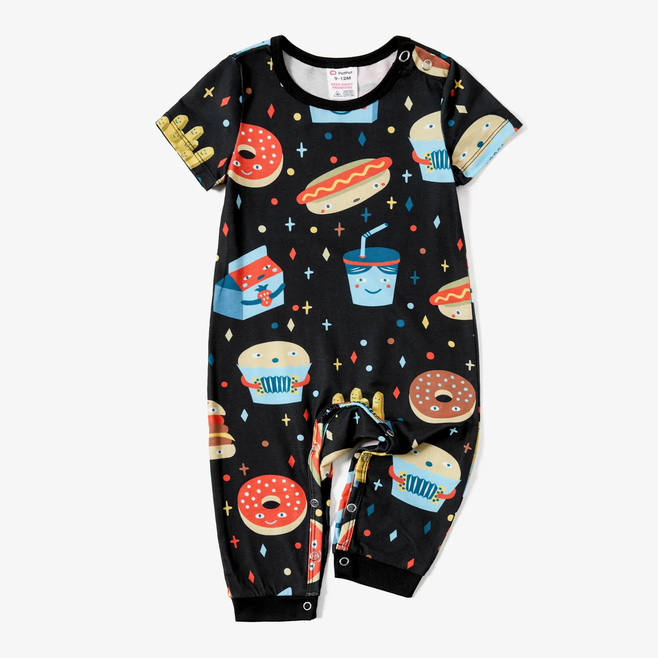 Family Matching Allover Cartoon Snack Graphics Pajamas Sets (Flame Resistant) Black big image 1