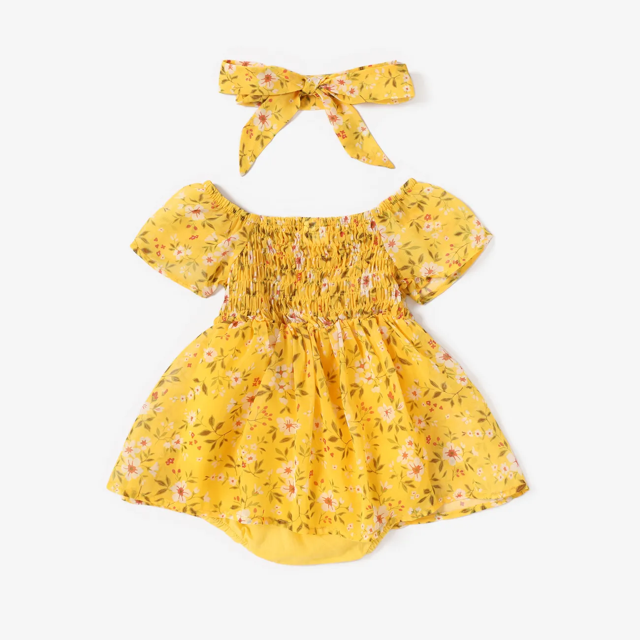 Baby Girl 2pcs Floral Print Smocked Romper with Headband Yellow big image 1