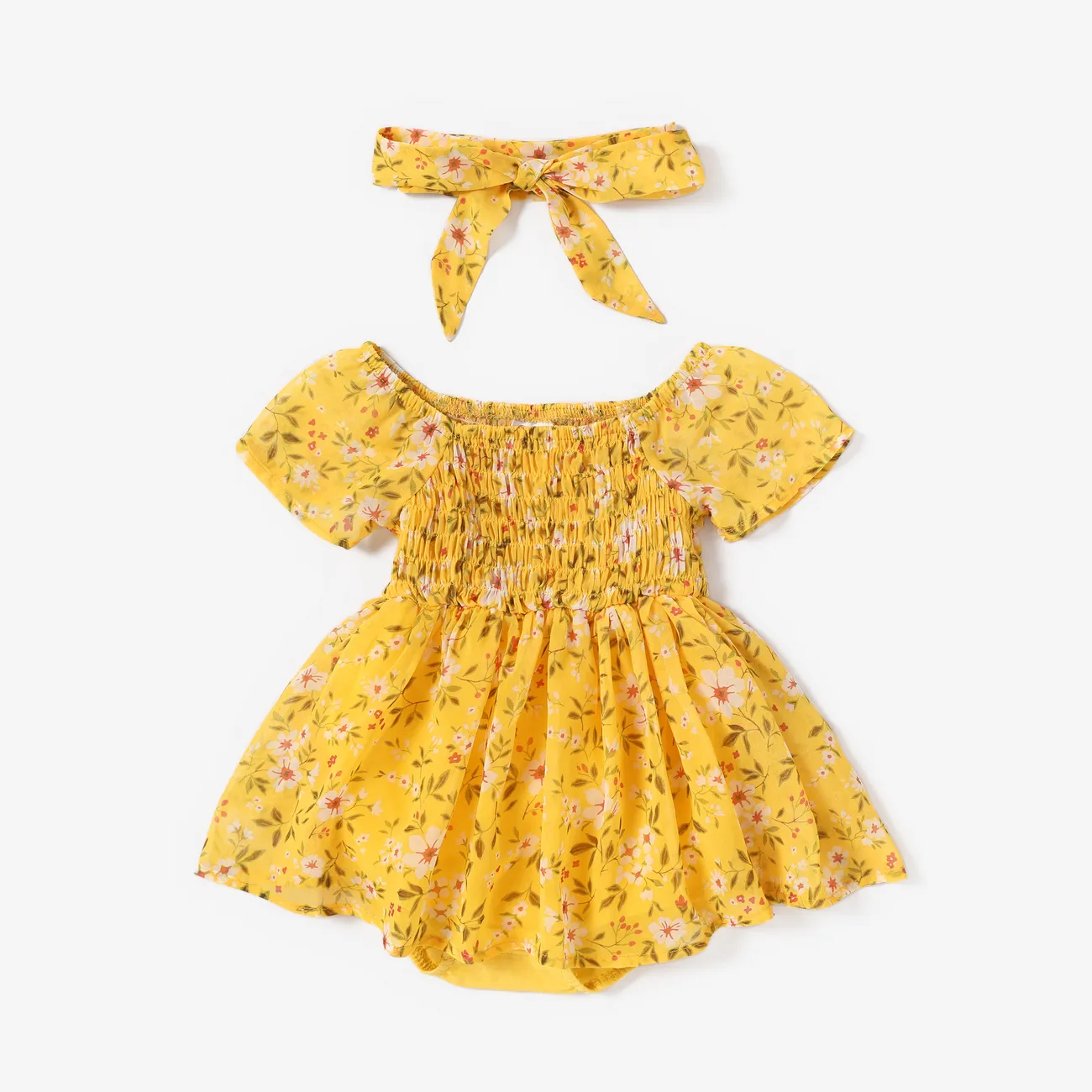Baby Girl 2pcs Floral Print Smocked Romper with Headband Yellow big image 1