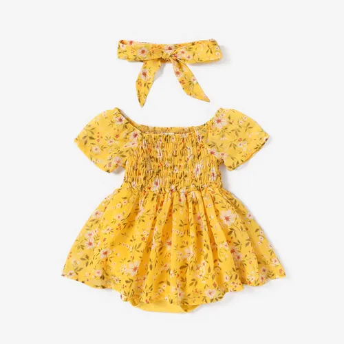 Baby Girl 2pcs Floral Print Smocked Romper with Headband