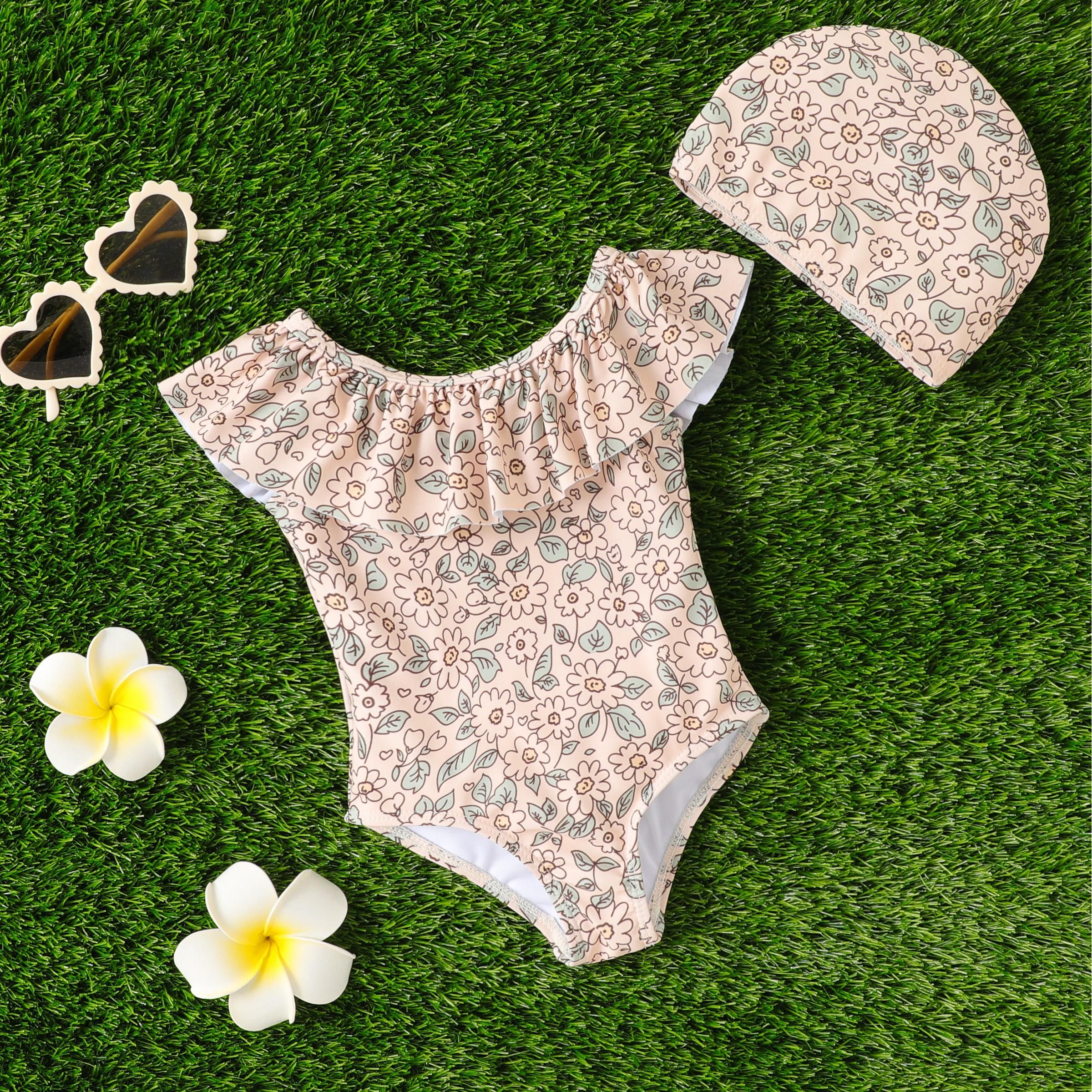2pcs Baby Girl's Sweet Plants Floral Ruffle Swimwear