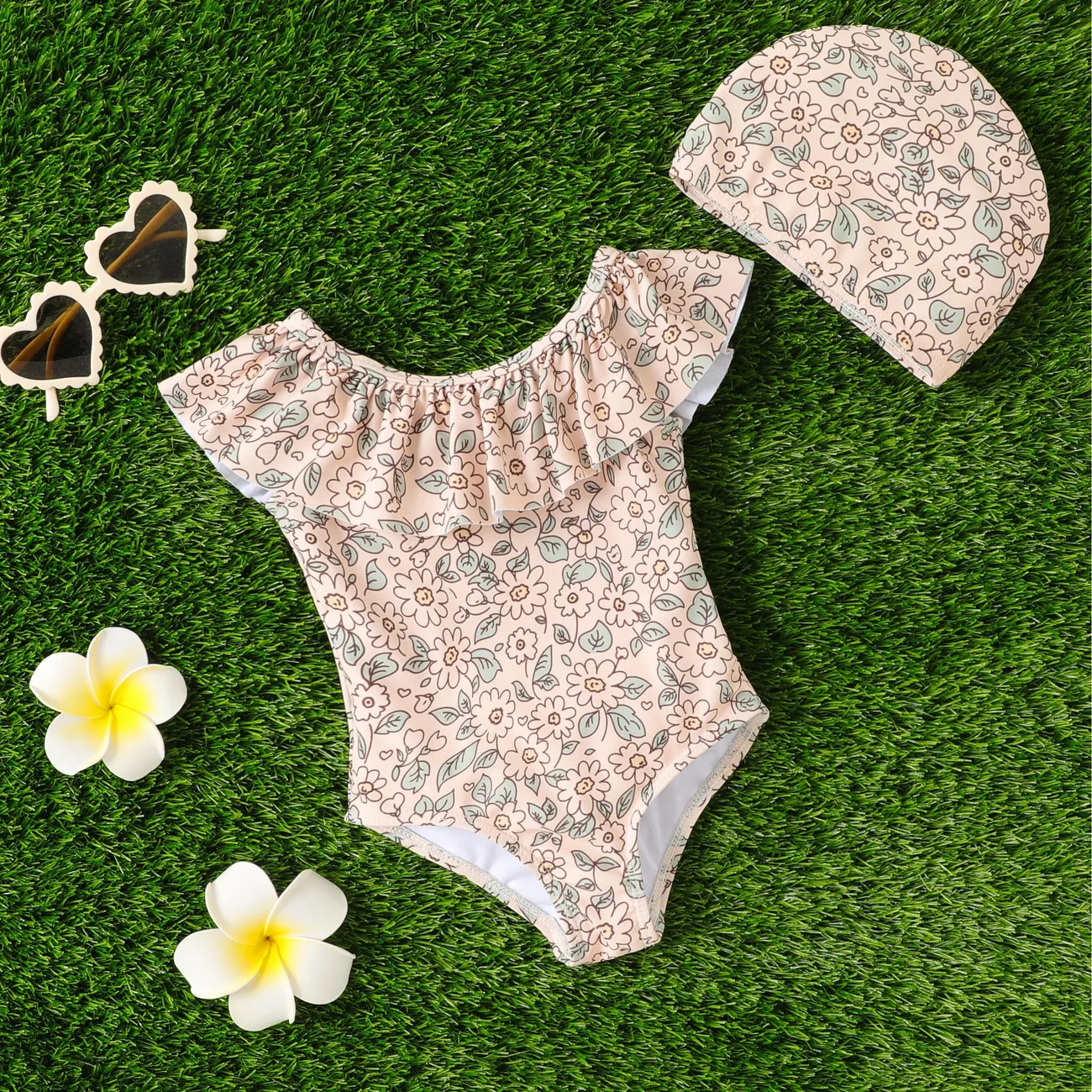 2pcs Baby Girl's Sweet Plants Floral Ruffle Swimwear Apricot big image 1