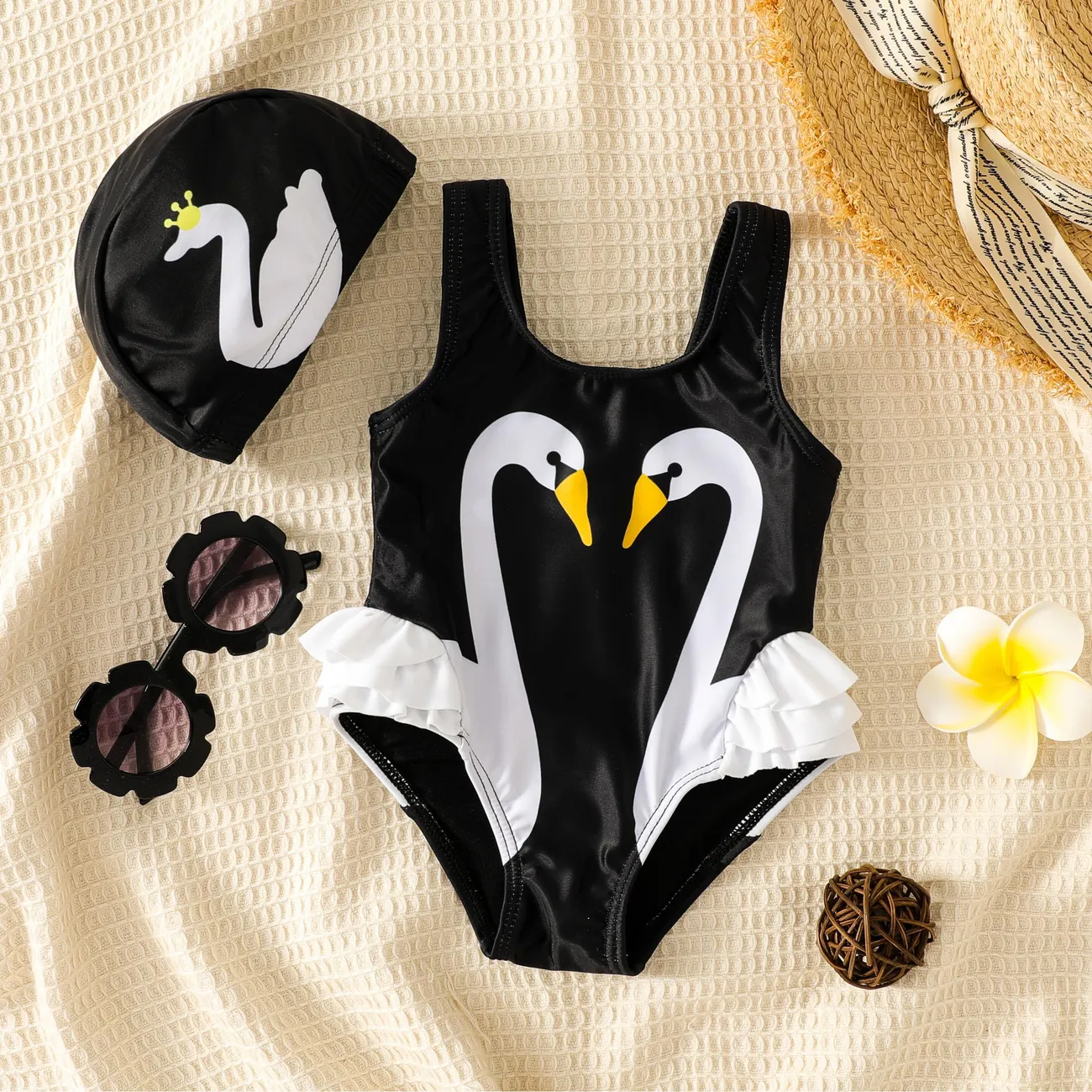 Childlike Animal Pattern Ruffle Swimsuit for Girls - 2pcs Set BlackandWhite big image 1