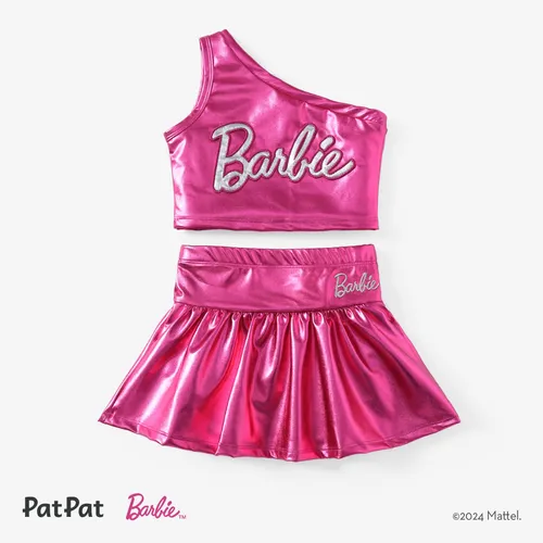 芭比娃娃蹣跚學步的女孩 2 件經典徽標印花金屬色單肩上衣搭配半身裙套裝
