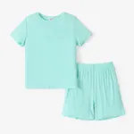  2pcs Kid Boys/Girls  Regular Basic Solid Color Viscose Material Top and Shorts Set  BlueGreen