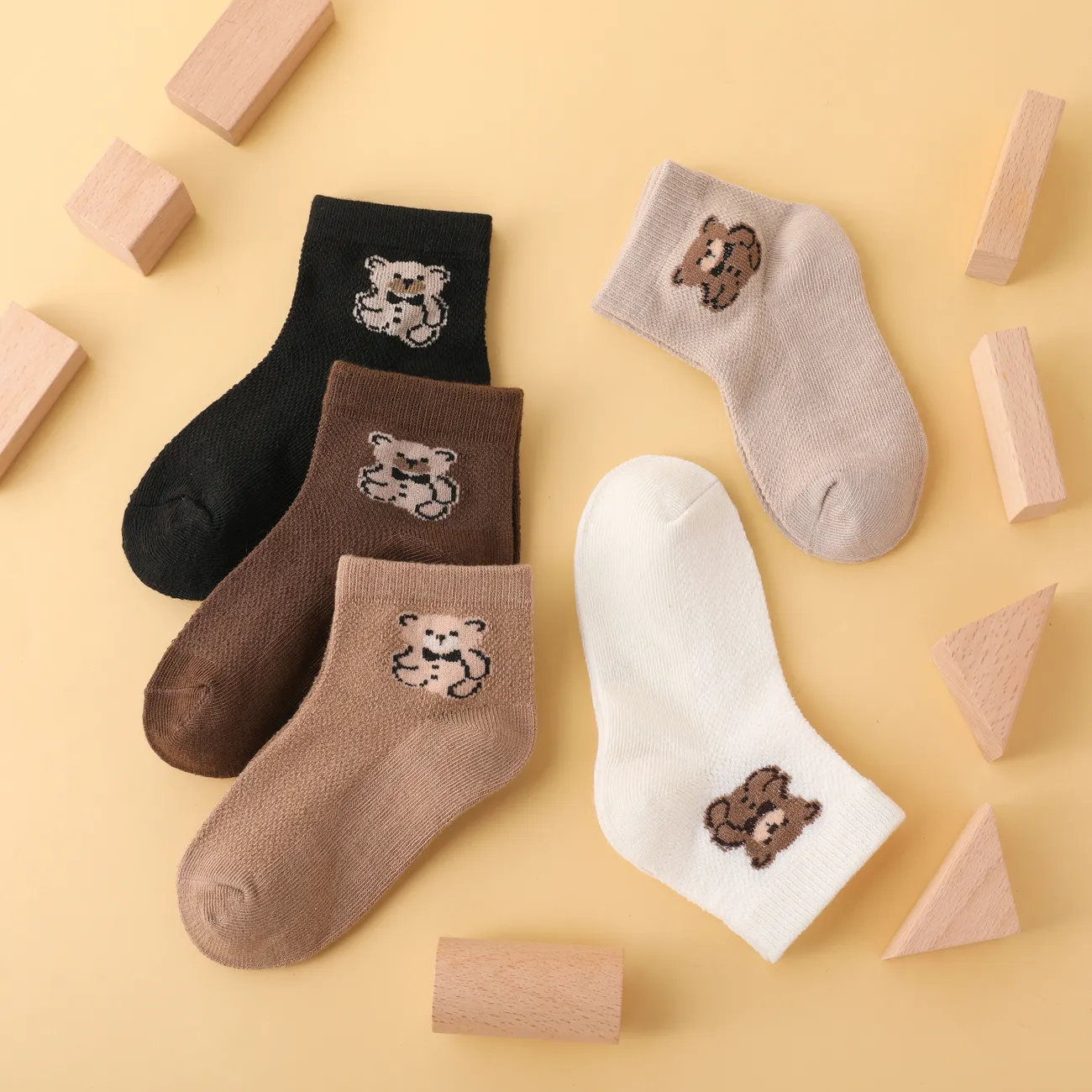 5-pack Toddler/kids Bear Patterned Mid-Calf Socks Brown big image 1