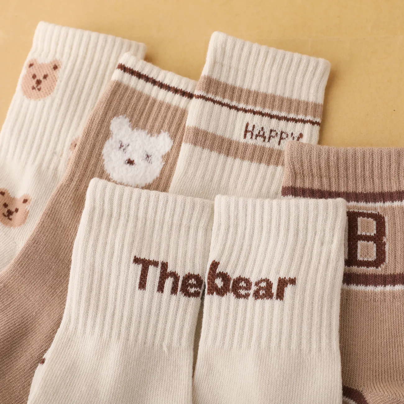 5-pack Baby/toddler/kids Childlike Breathable Little Bear Mid-Calf Socks Coffee big image 1