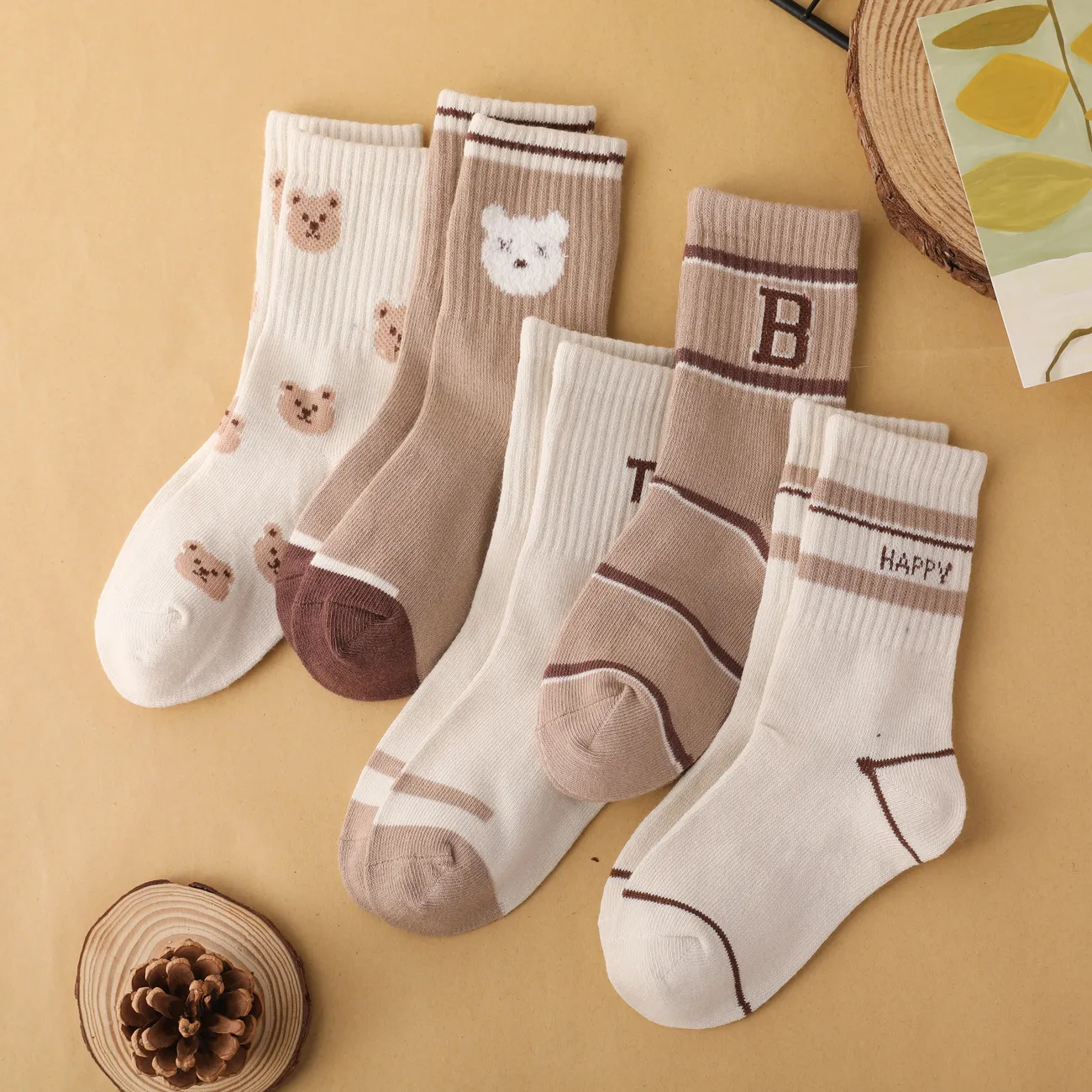 5-pack bebê / criança / crianças infantil respirável pequeno urso meias de bezerro médio Café big image 1