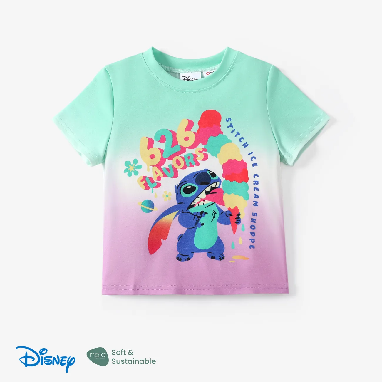 Disney Stitch Toddler Boys 2pcs Naia™ Gradient Dip Dye Character Print with Pocket Cotton Shorts Set Green big image 1
