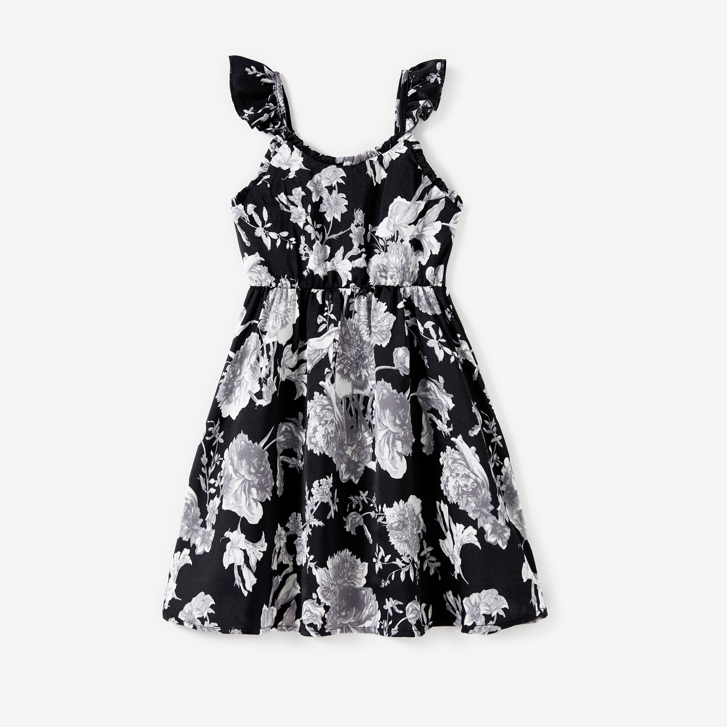 Mommy and Me Black Floral Tie Neck Ruched Bust Sateen Slip Dress