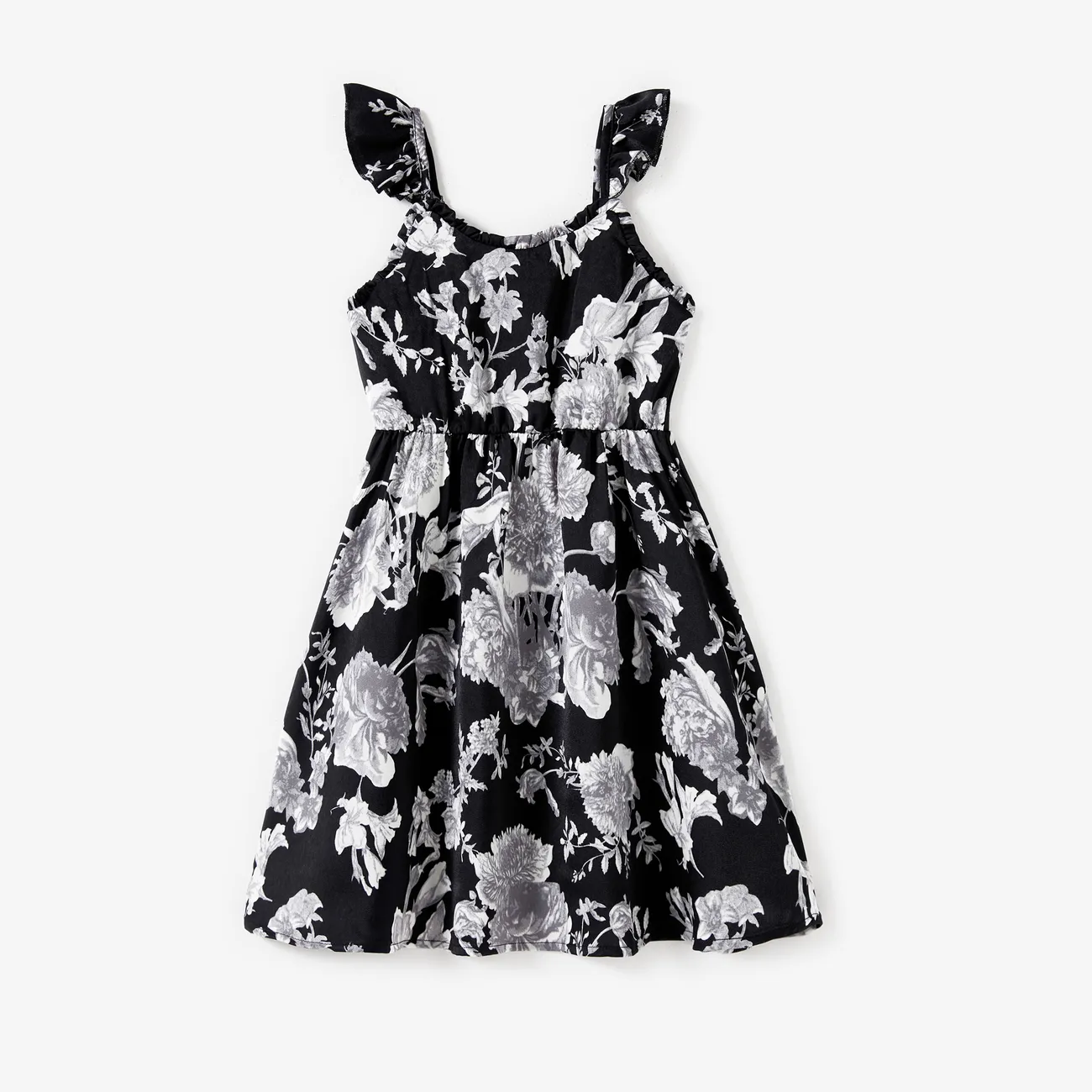 Mommy and Me Black Floral Tie Neck Ruched Bust Sateen Slip Dress  BlackandWhite big image 1