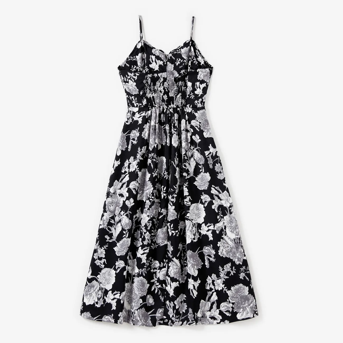 Mommy and Me Black Floral Tie Neck Ruched Bust Sateen Slip Dress  BlackandWhite big image 1