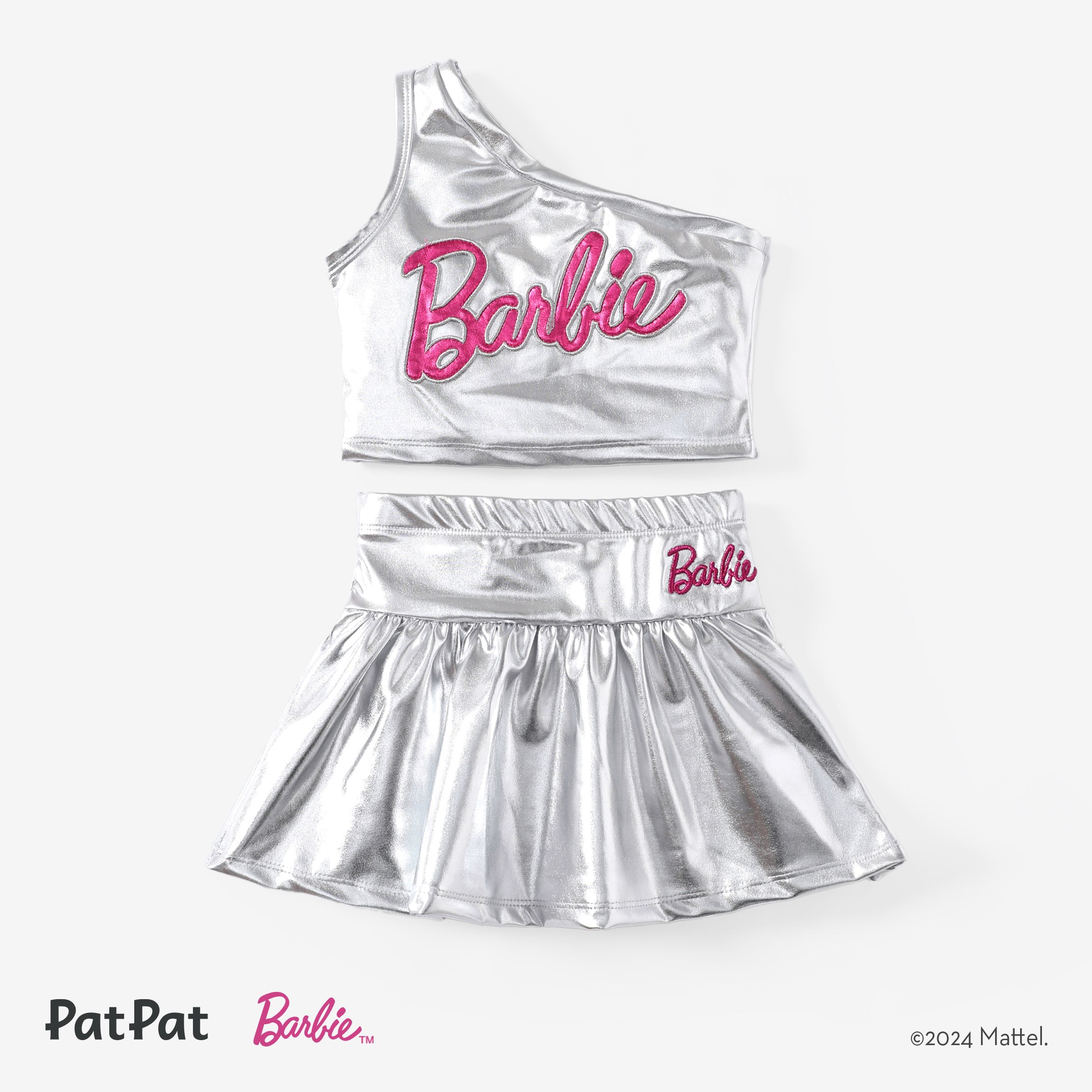 Barbie Toddler Girls 2pcs Classic Logo Print Metallic One-shoulder Top with Skirts Set