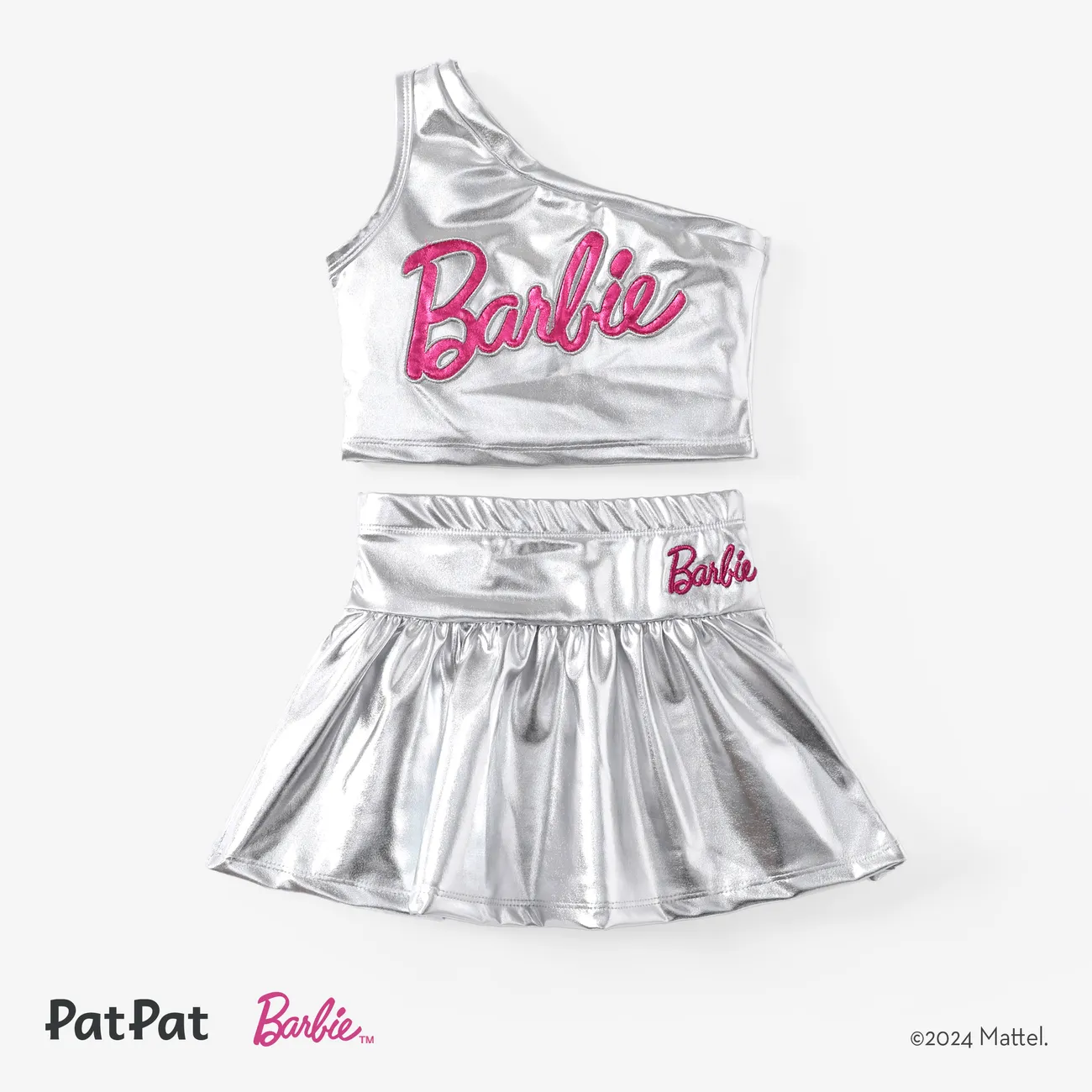 Barbie Toddler Girls 2pcs Classic Logo Print Metallic One-shoulder Top with Skirts Set
 Silver big image 1