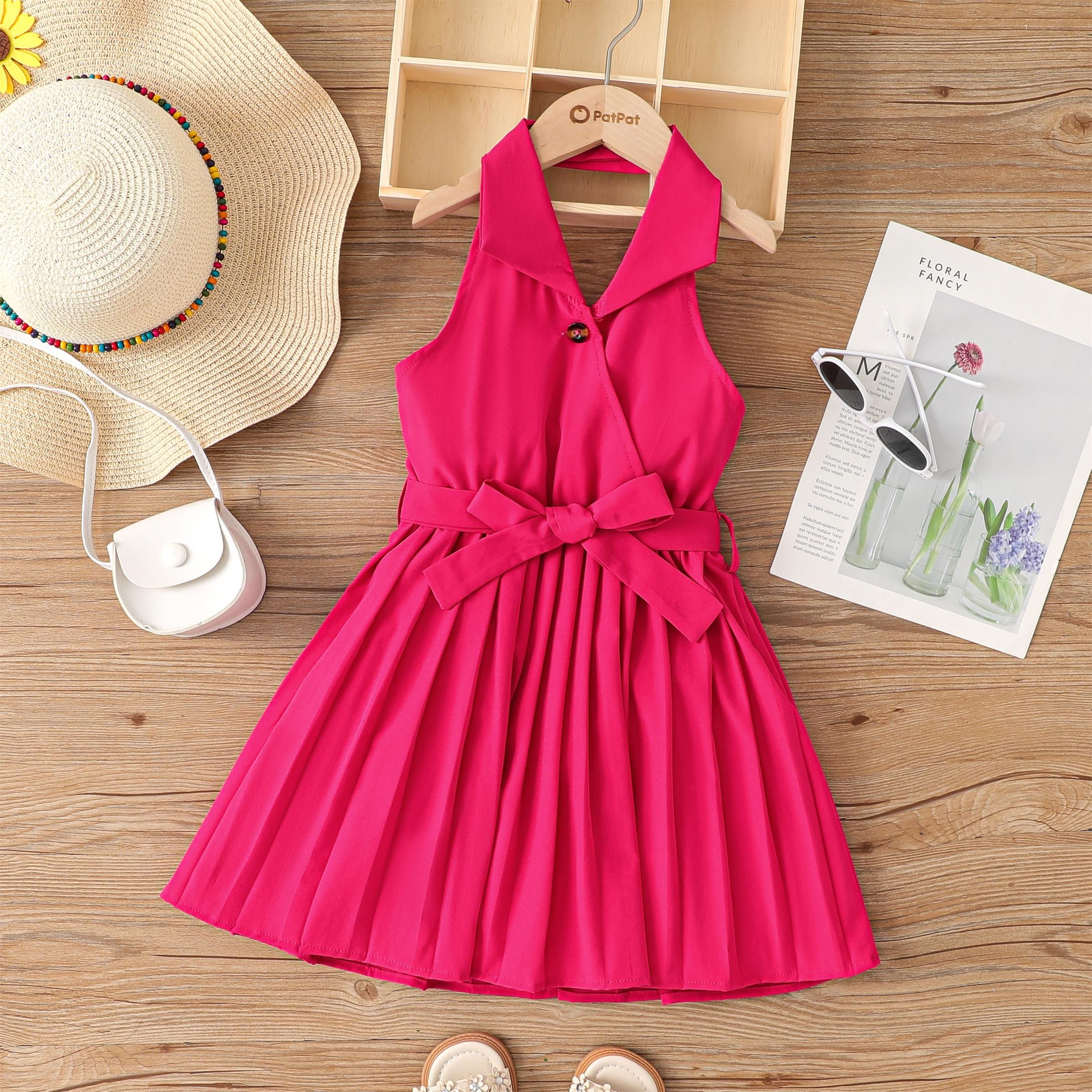 Summer Girls Halter Pleated Dress 1pc Solid Color