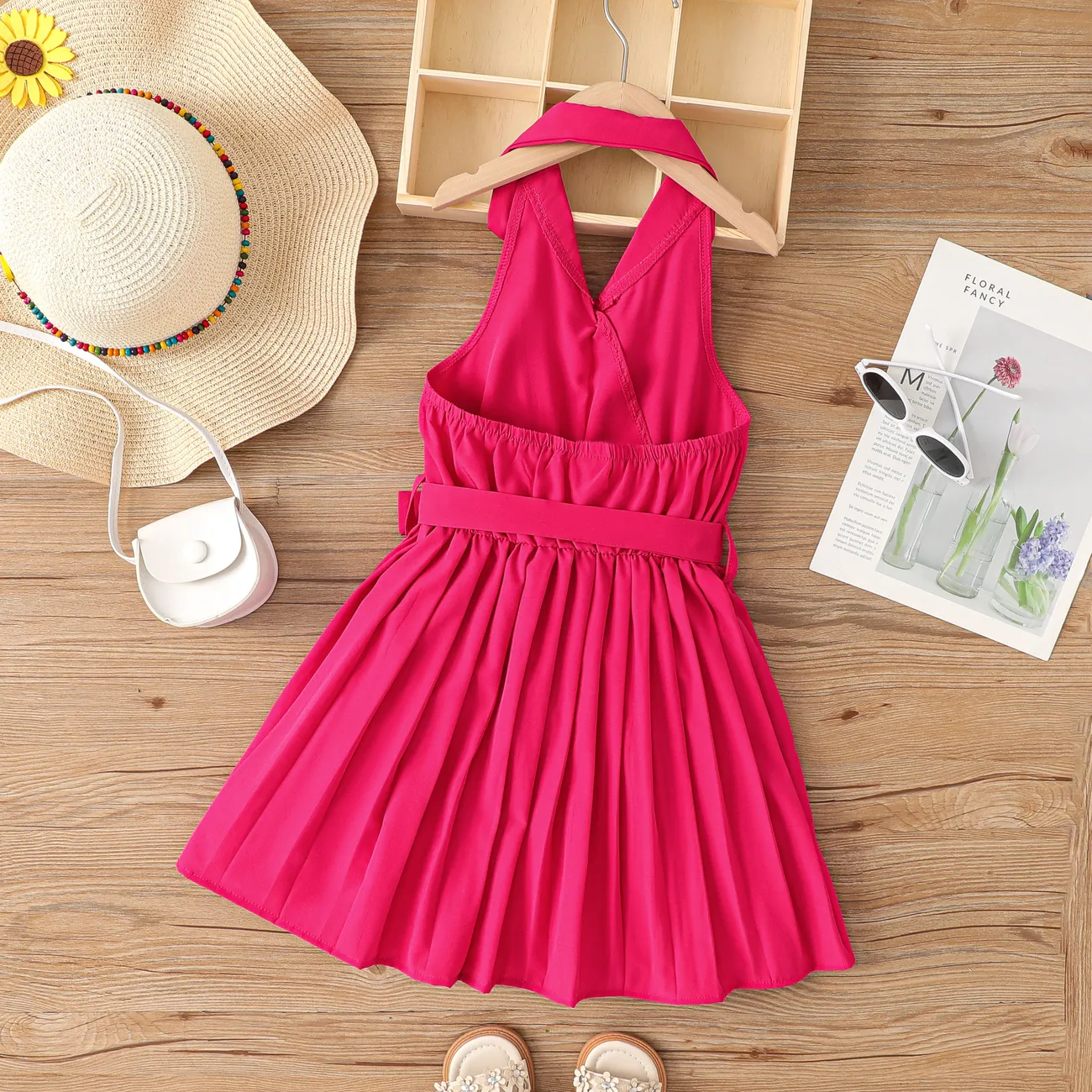 Summer Girls Halter Pleated Dress 1pc Solid Color Roseo big image 1
