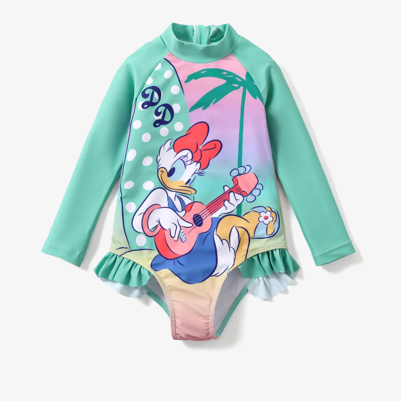 Disney Mickey and Friends 1pc Toddler/Kids Girls Character Print Ruffled Long-Sleeve Swimsuit
 Turquoise big image 1
