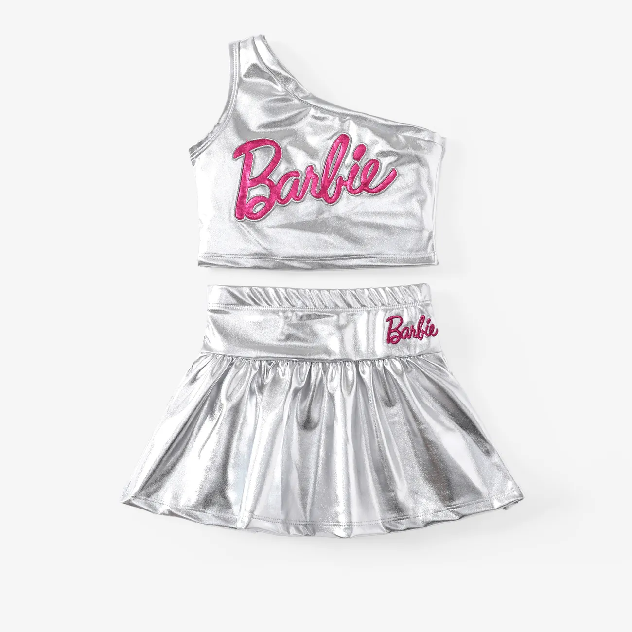 Barbie Toddler Girls 2pcs Classic Logo Print Metallic One-shoulder Top with Skirts Set
 Silver big image 1