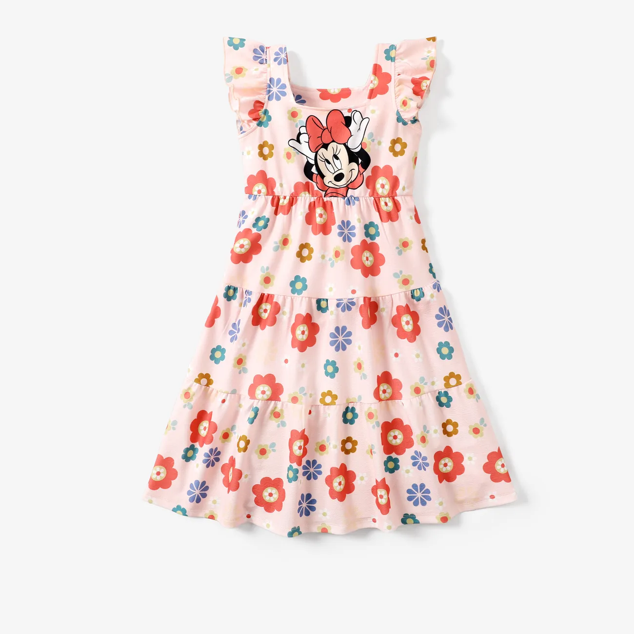 Disney Mickey and Friends 1 pc Kid Girl Character Print Floral Ruffled-Sleeve Dress Pink big image 1