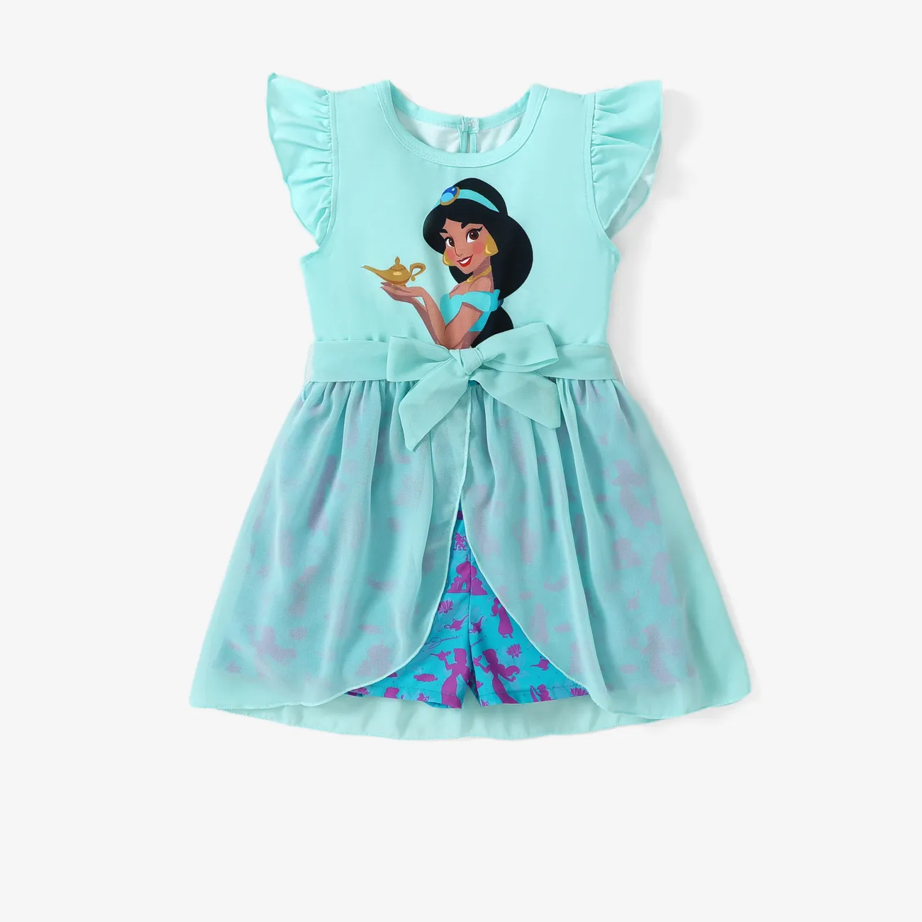 Disney Princess Ariel/Jasmine/Rapunzel/Moana 1 pc Toddler Girl Character Print Bowknot Mesh Ruffled Romper Turquoise big image 1