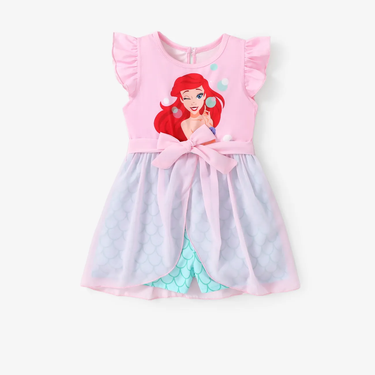 Disney Princess Ariel/Jasmine/Rapunzel/Moana 1 pc Toddler Girl Character Print Bowknot Mesh Ruffled Romper Pink big image 1
