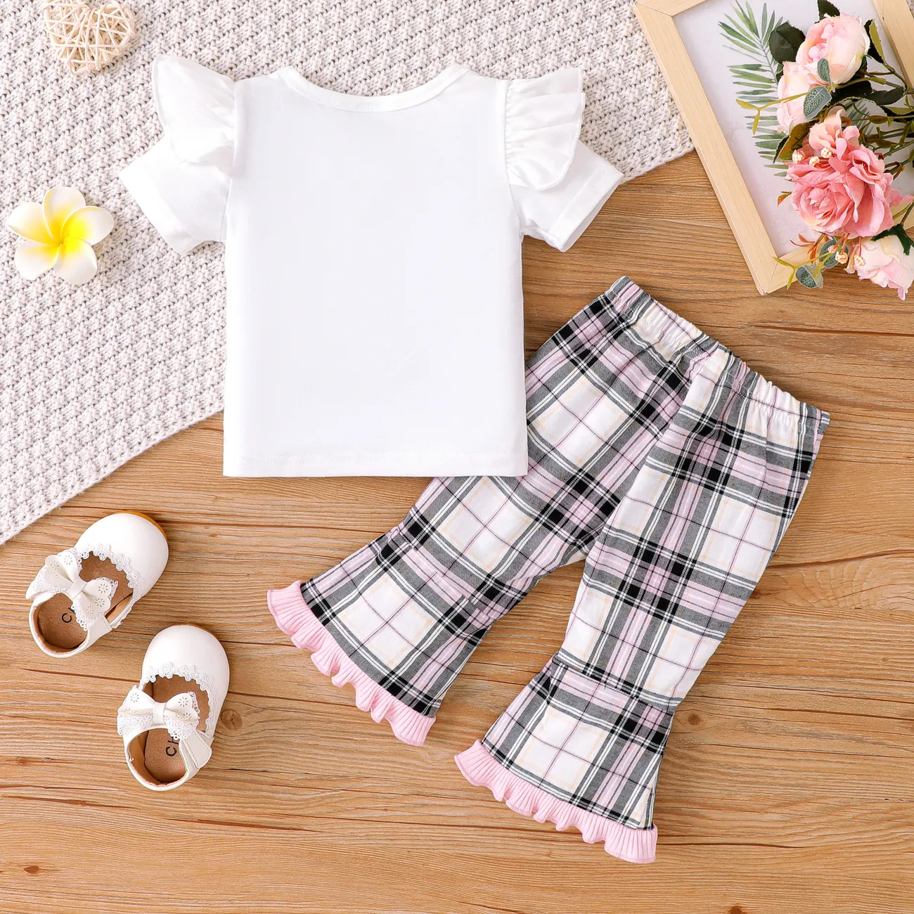 2件 嬰兒 女 荷葉邊 甜美 短袖 嬰兒套裝 粉色 big image 1