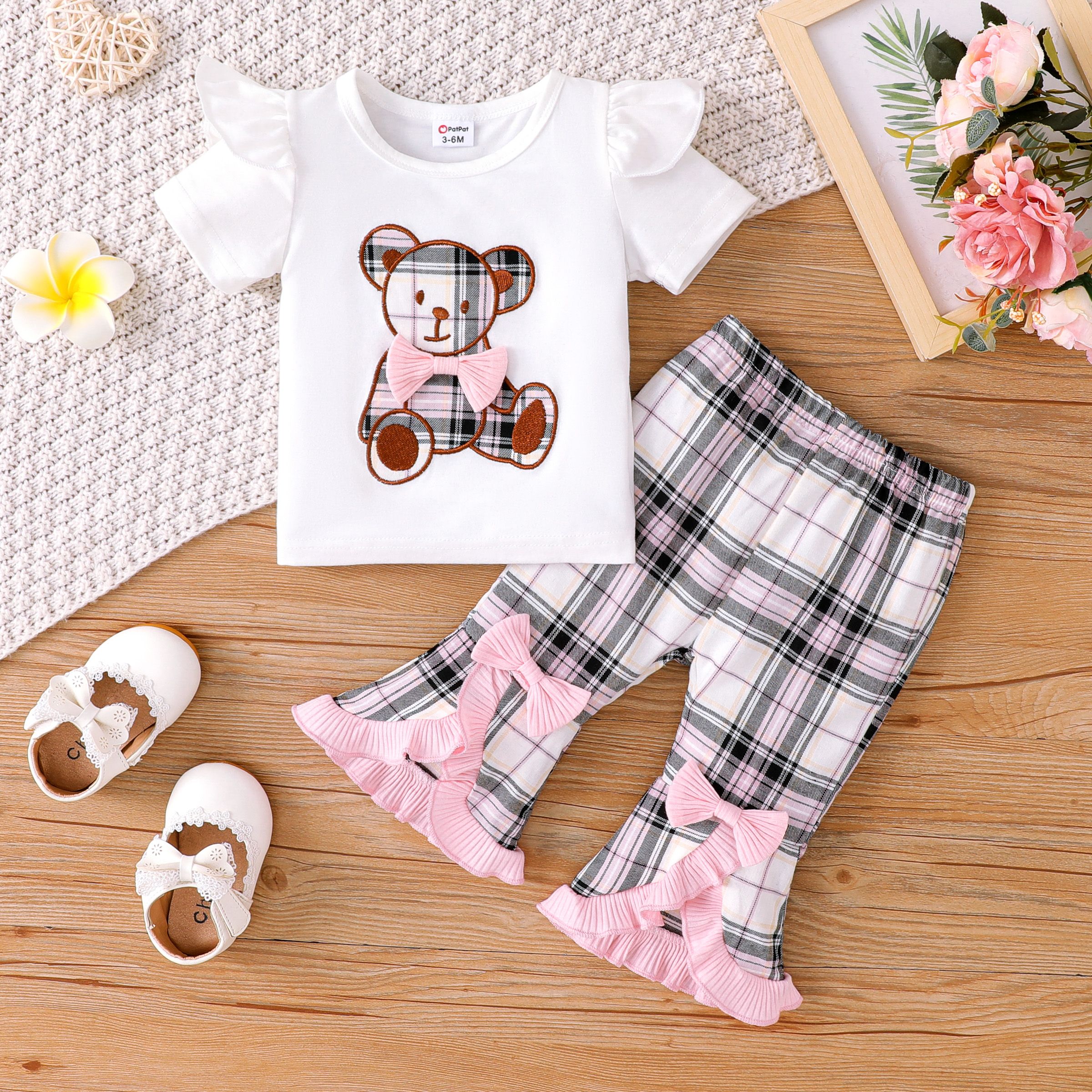 Sweet Girls' 2pcs Summer Cotton Set with Embroidered Bear and Ruffle Edge
