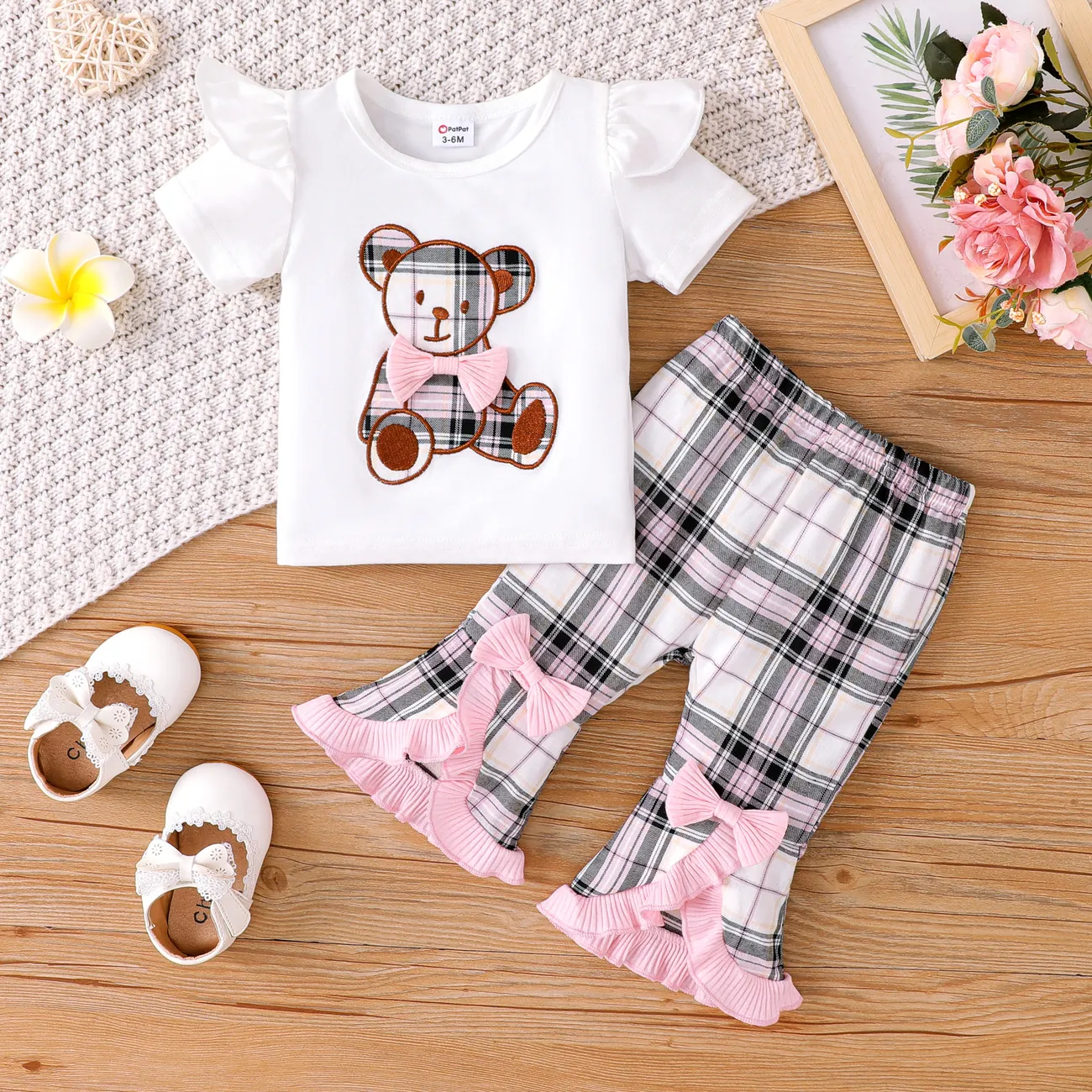 Sweet Girls' 2pcs Summer Cotton Set with Embroidered Bear and Ruffle Edge Pink big image 1