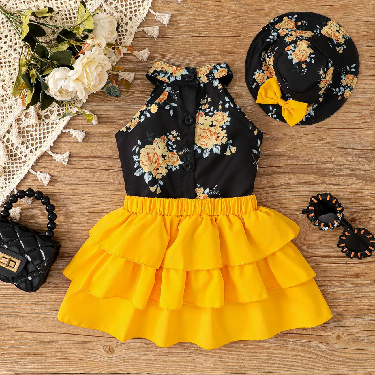 Big Flower Baby Girl 3pcs Sleeveless Suit Dress in Sweet Style, Polyester and Spandex, Regular Wash Yellow big image 1