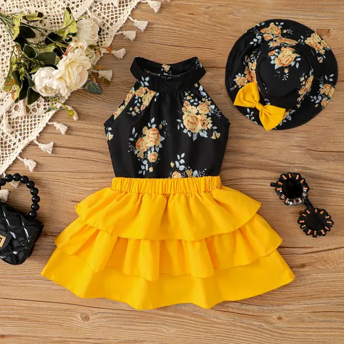 Big Flower Baby Girl 3pcs ärmelloses Anzugkleid im süßen Stil, Polyester und Elasthan, normale Waschung