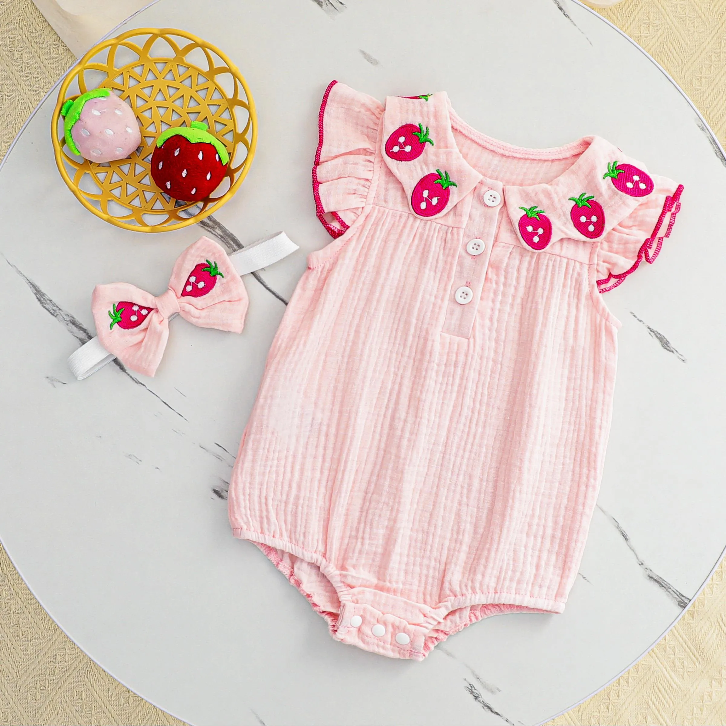 Cute Strawberry Embroidered Romper Set for Baby Girls